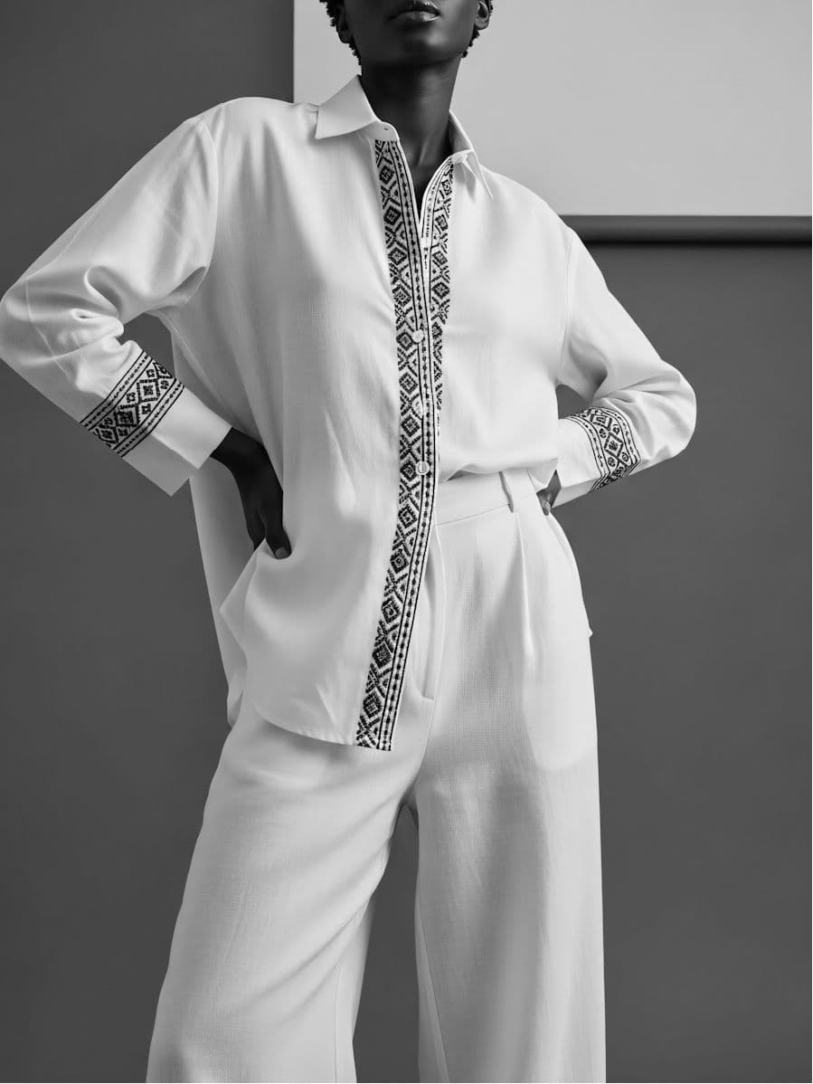 Stitch Placket Shirt and Pleated Wide Trouser, both in ivory linen.