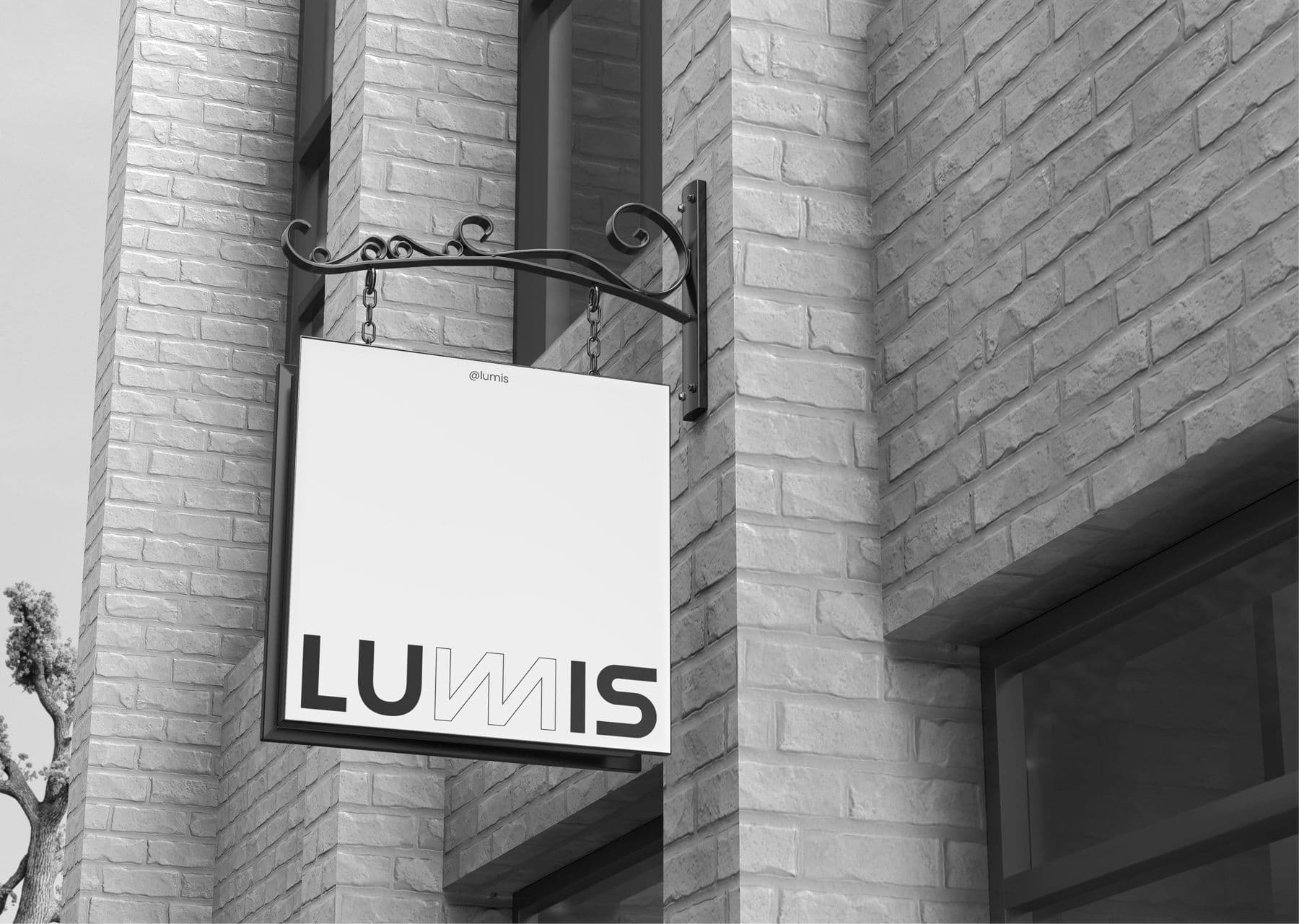 The square Lumis sign hanging from a bracket on the brick front of the store