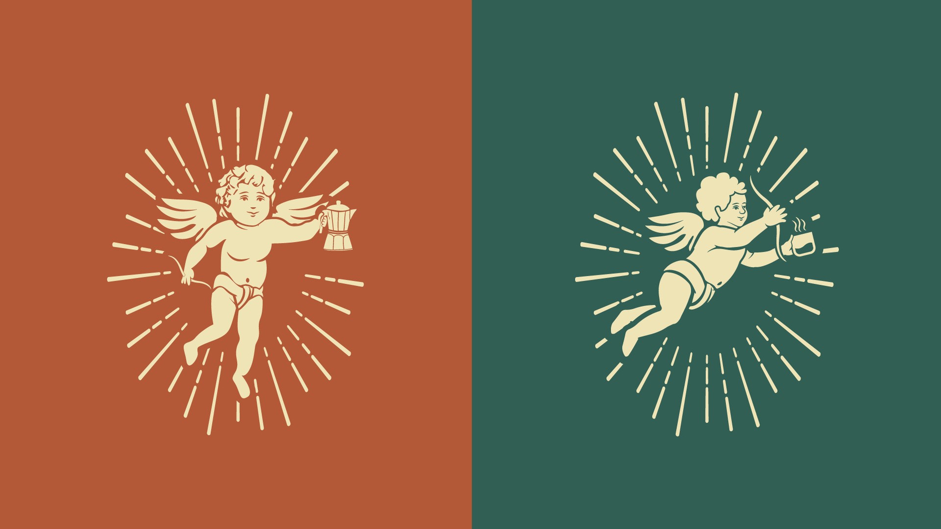 Two cherub angel illustrations with coffee pots on rust and green