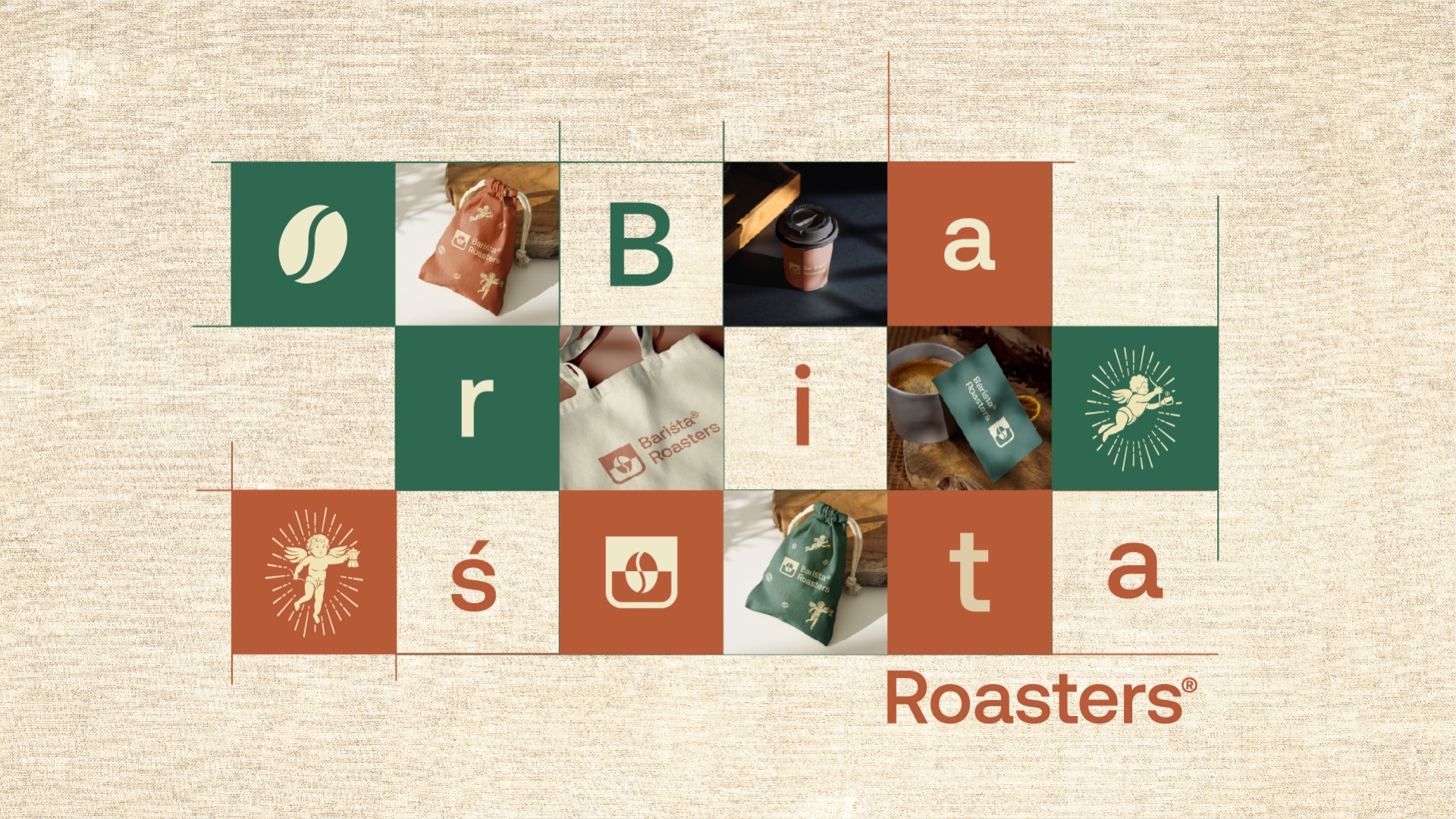 A grid spelling Barista with tiles of the icon, cherub, bags and cups