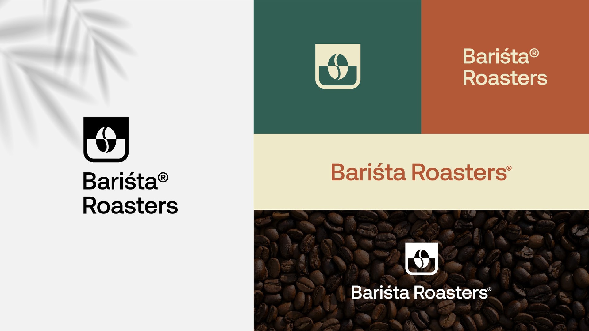 Logo versions on white, green, rust, cream and a bed of coffee beans