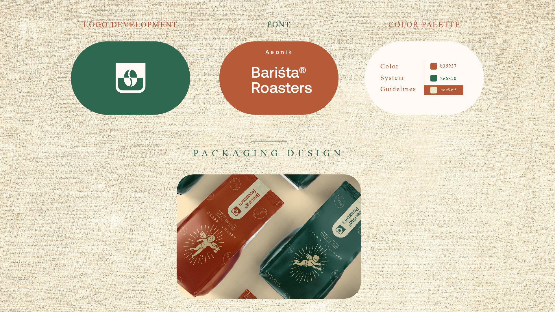 Logo, font and colour cards above a packaging close up