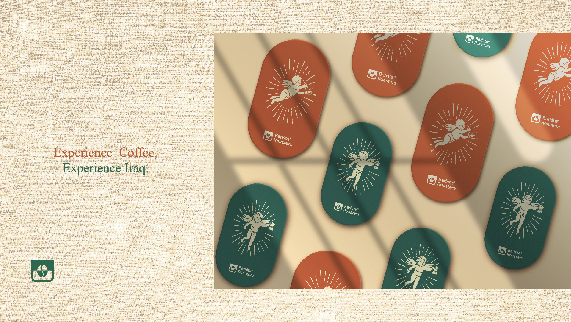 Rust and green oval stickers with the cherub scattered on linen