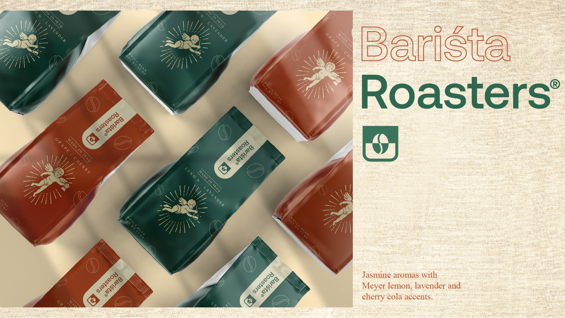 Rust and green coffee bags with the cherub angel laid in rows next to the Barista Roasters wordmark
