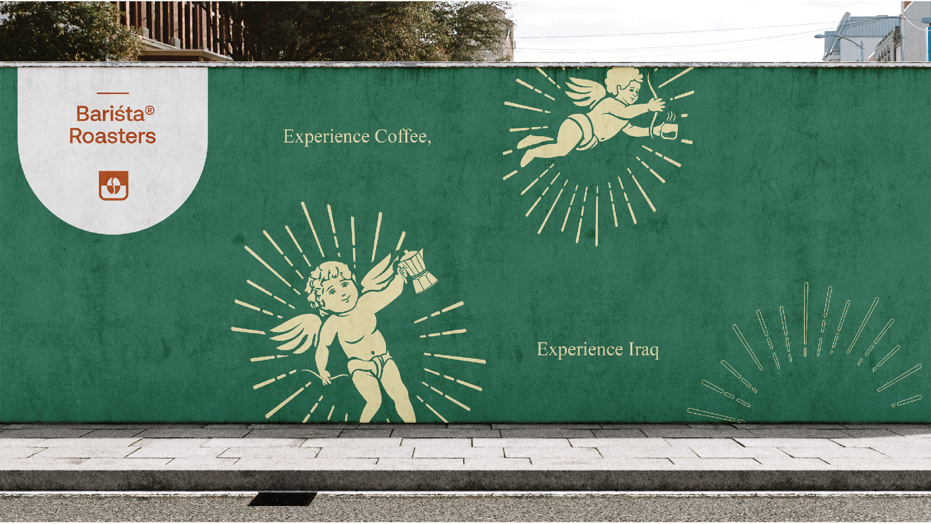A green street mural with a cherub angel and the lines Experience coffee, Experience Iraq