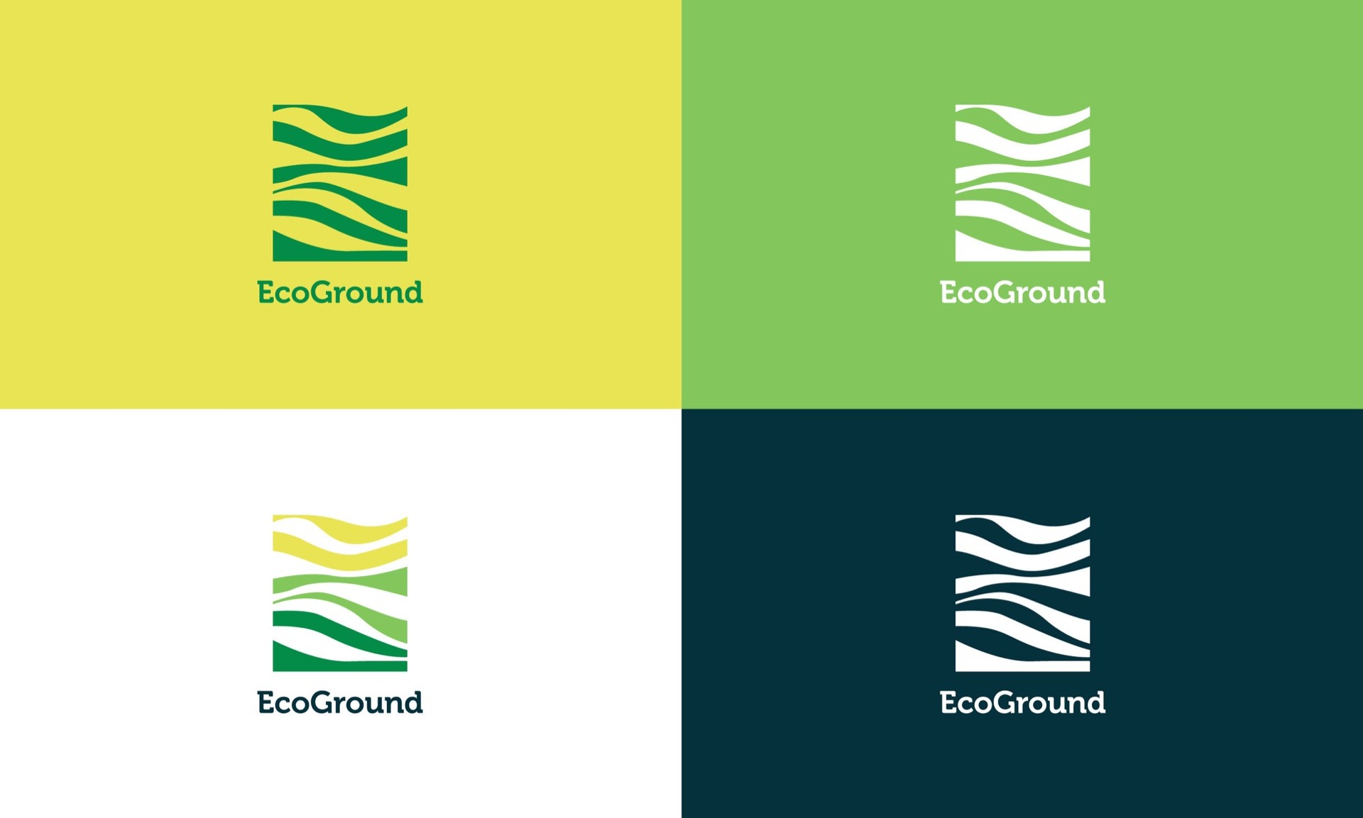 Logo versions on yellow, leaf green, white and teal