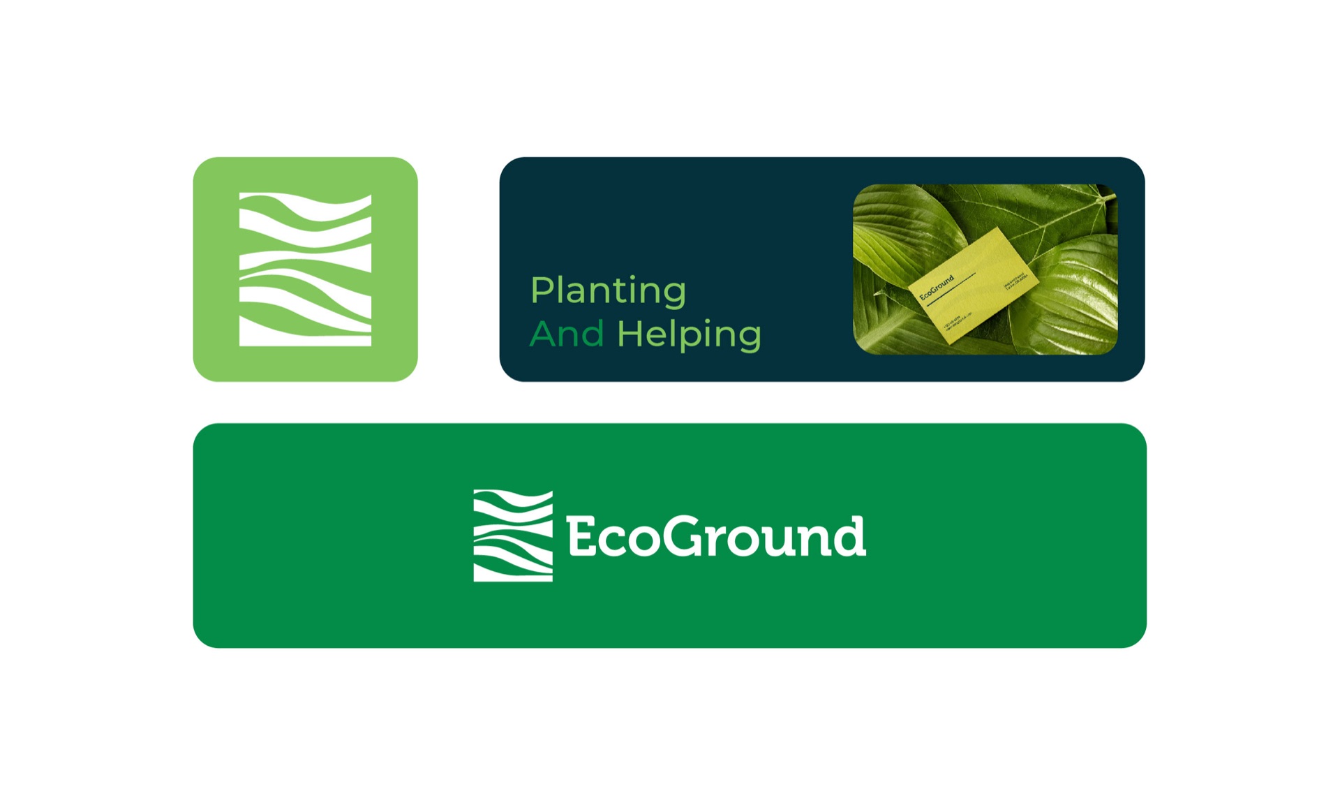 Logo on a rounded app tile and two banners, one reading Planting and helping