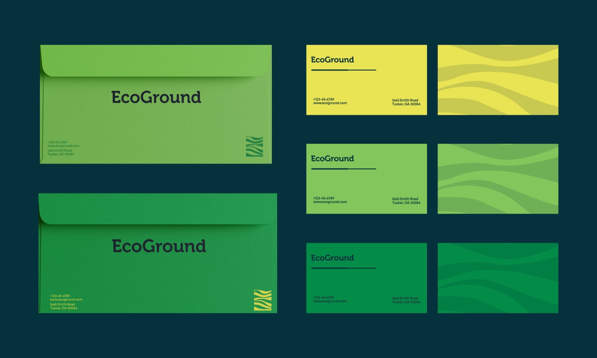 Envelopes and business cards in green and yellow with wave backs on teal