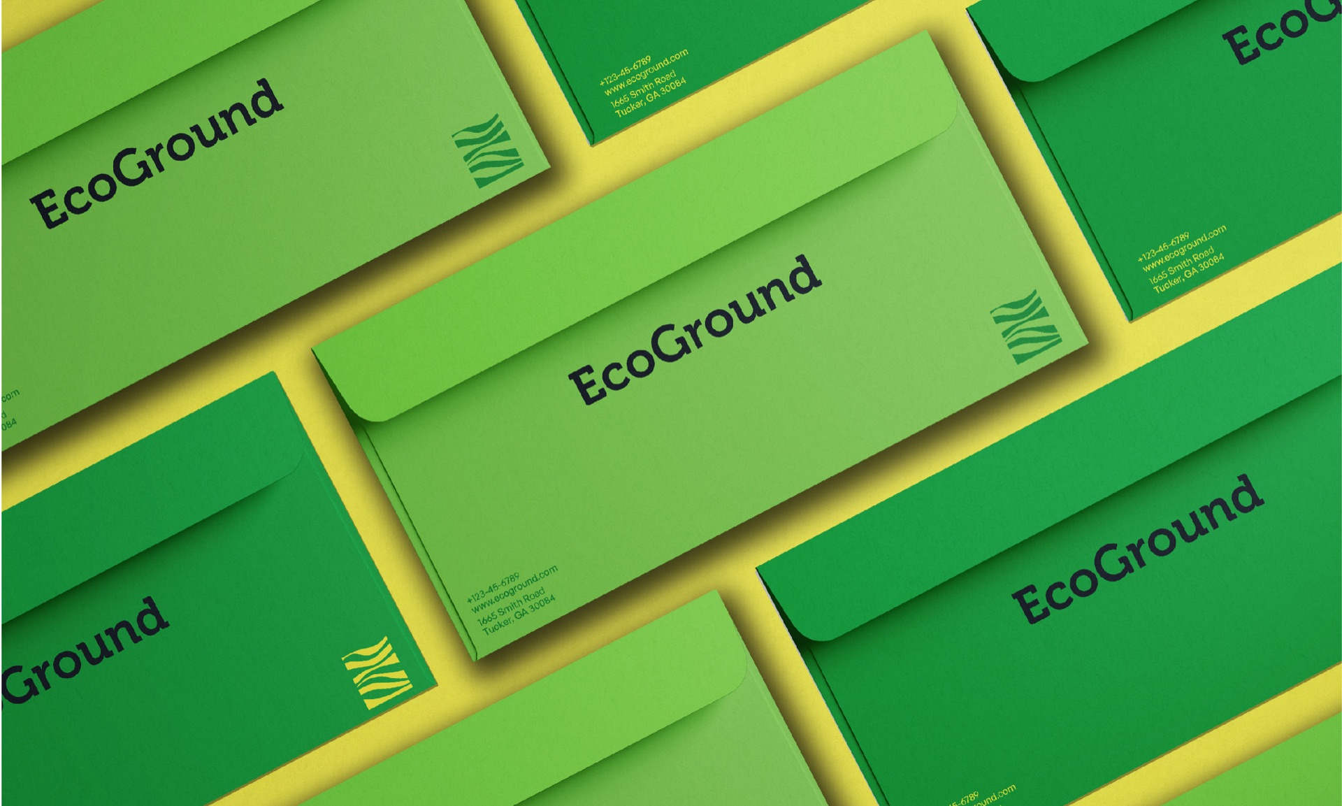 Green envelopes with the wordmark laid in rows on yellow