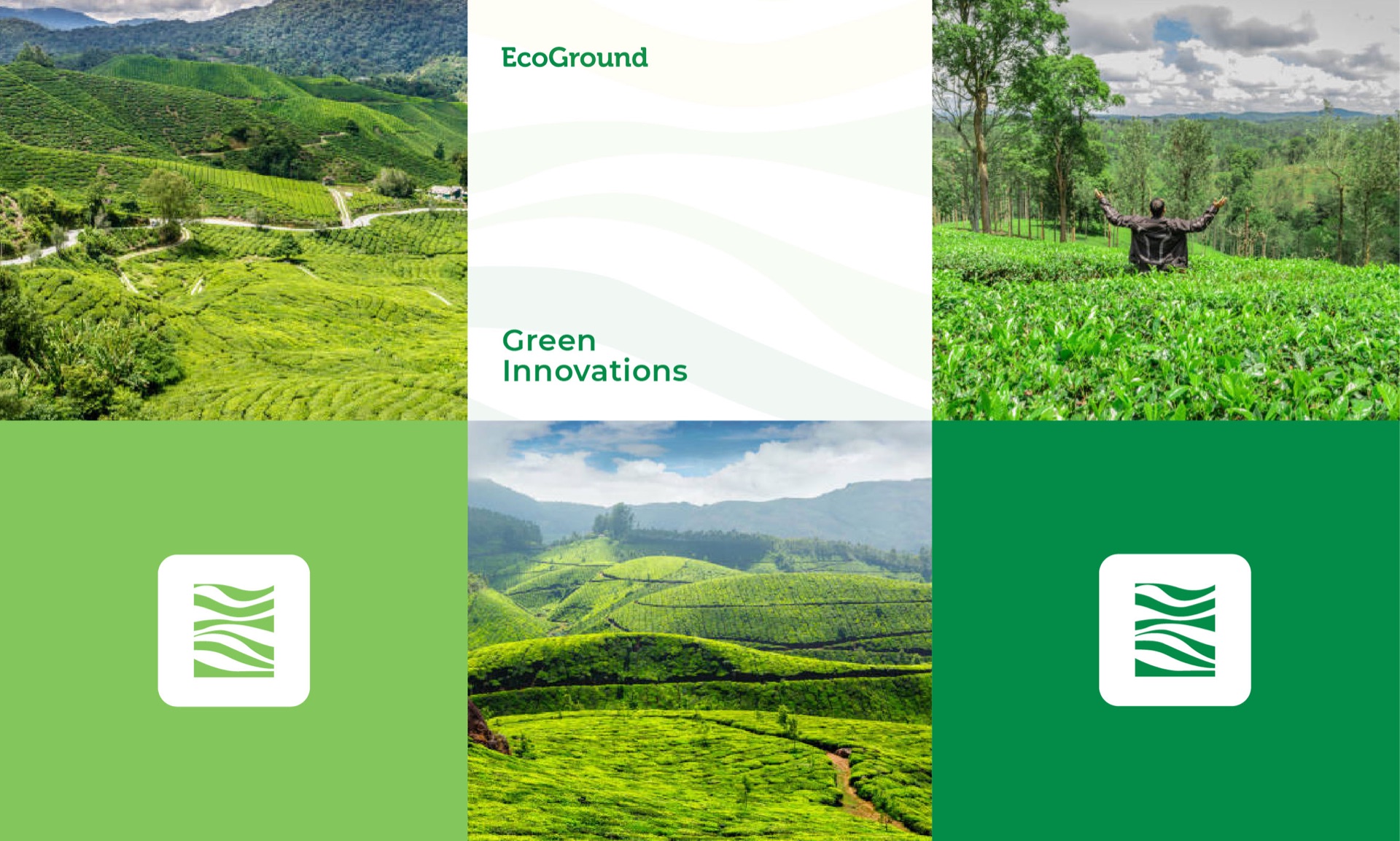 Brochure spread with tea hills, the line Green Innovations and white app icons