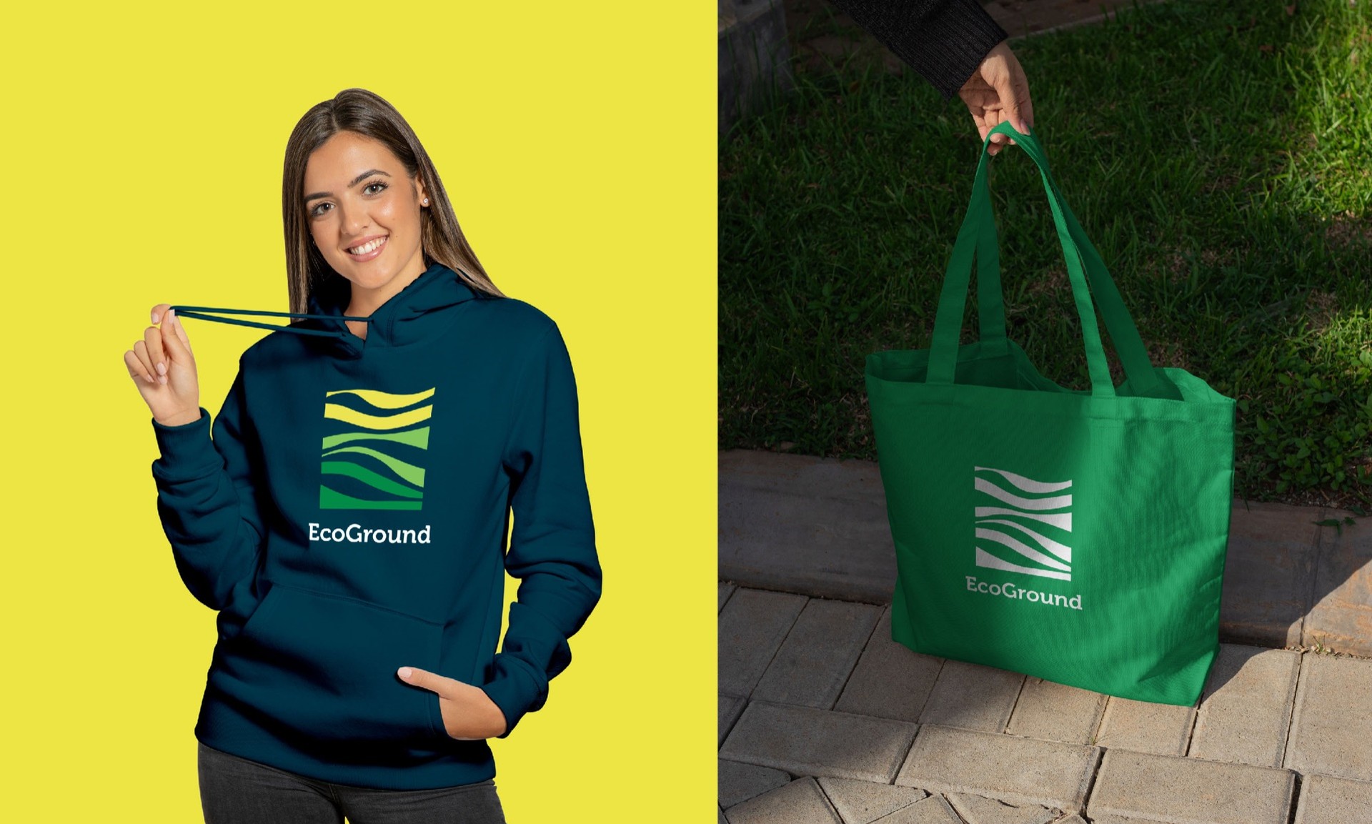 A woman in a teal EcoGround hoodie next to a green tote bag