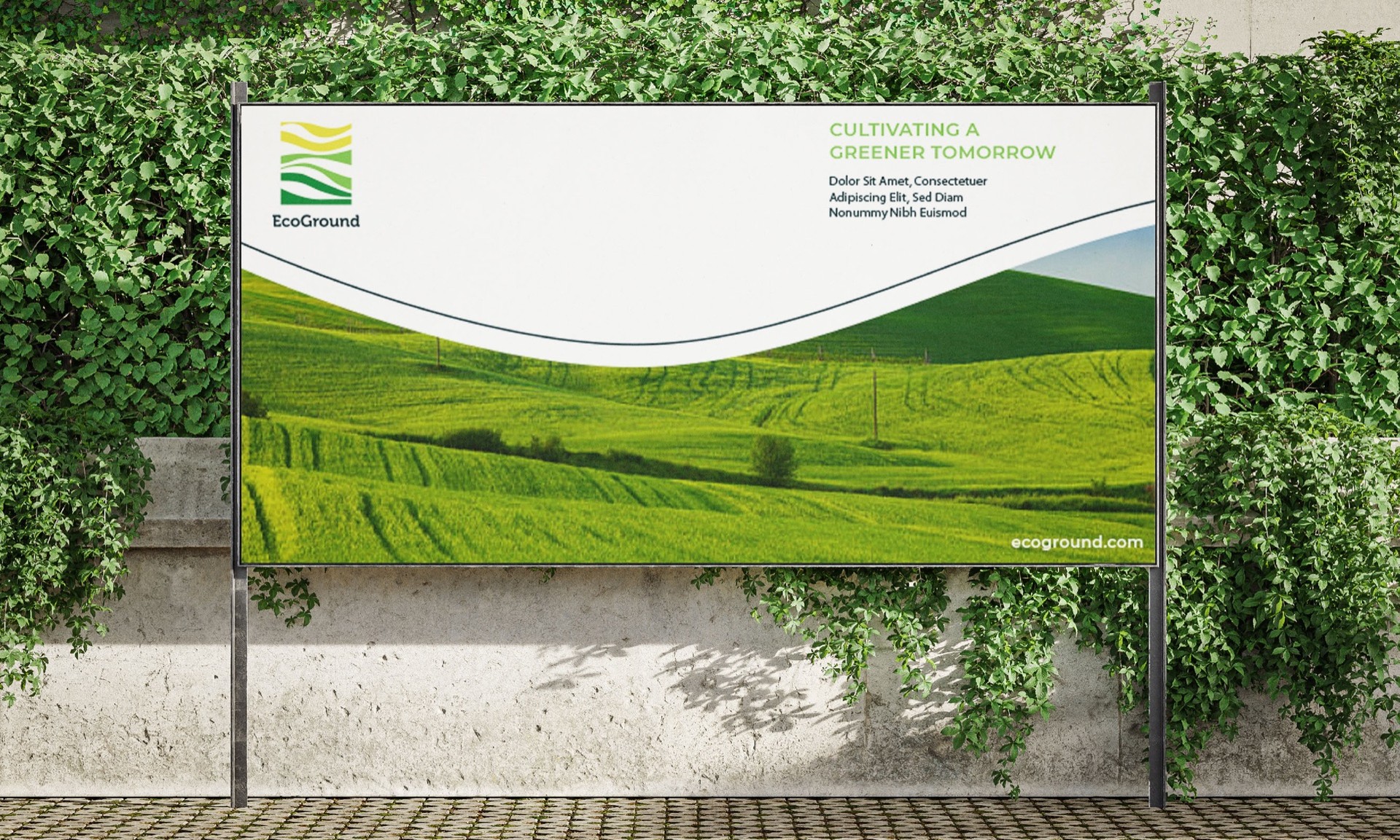 Billboard on a hedge wall reading Cultivating a greener tomorrow