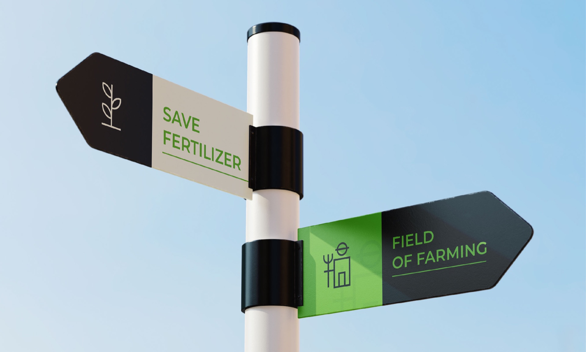 Signpost with arrows reading Save fertilizer and Field of farming