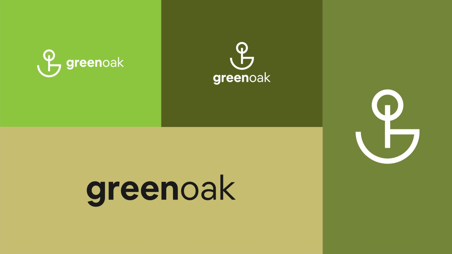 Logo lockups on leaf green, olive, straw and moss blocks