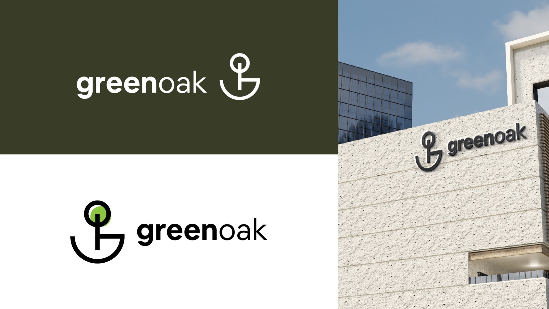 Logo on forest shade, on white and cut into a white building facade