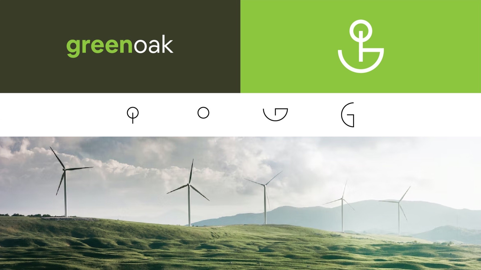 Wordmark and symbol above the four shapes it is built from and a wind farm photo