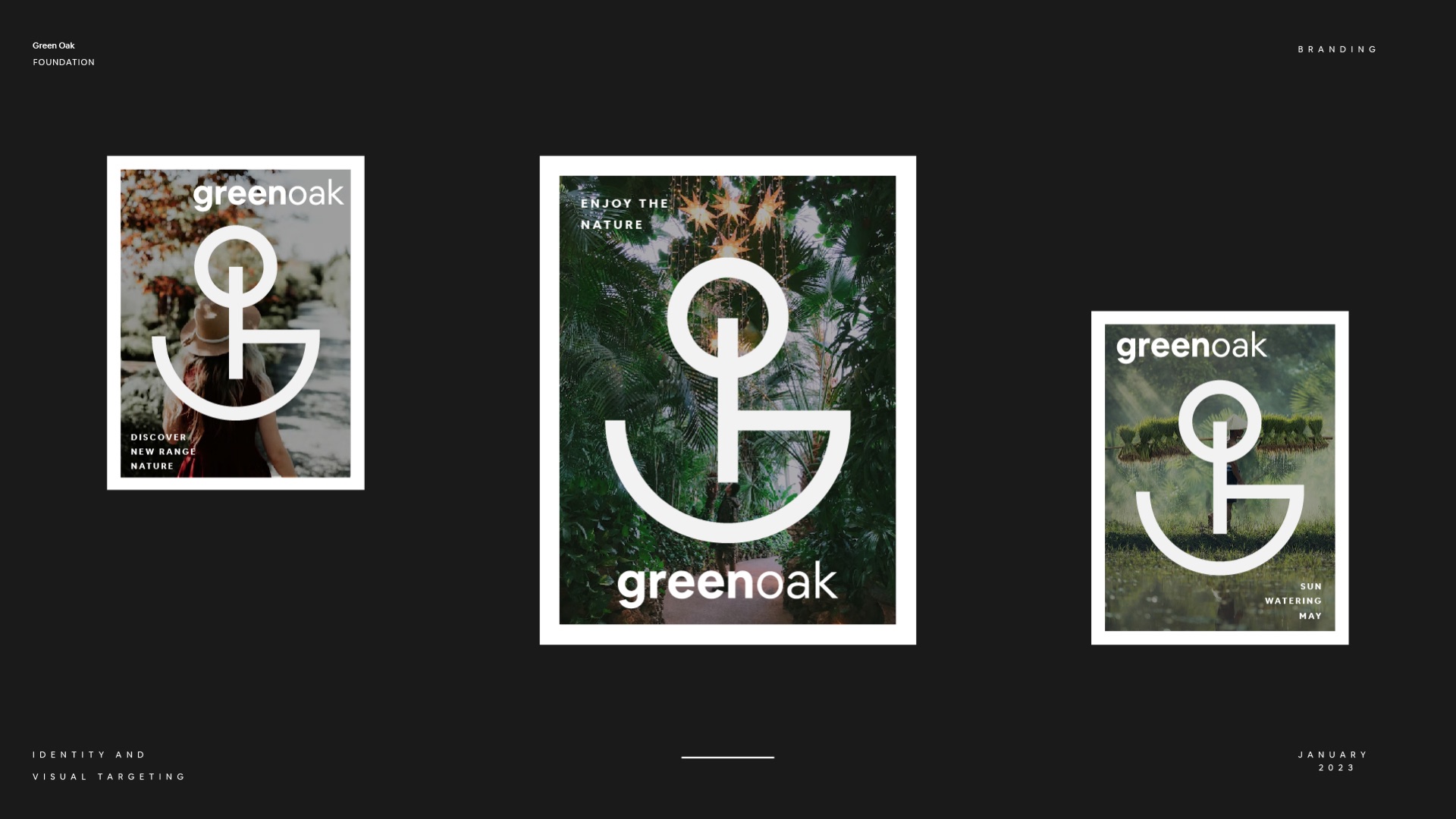 Three posters with photos seen through the symbol