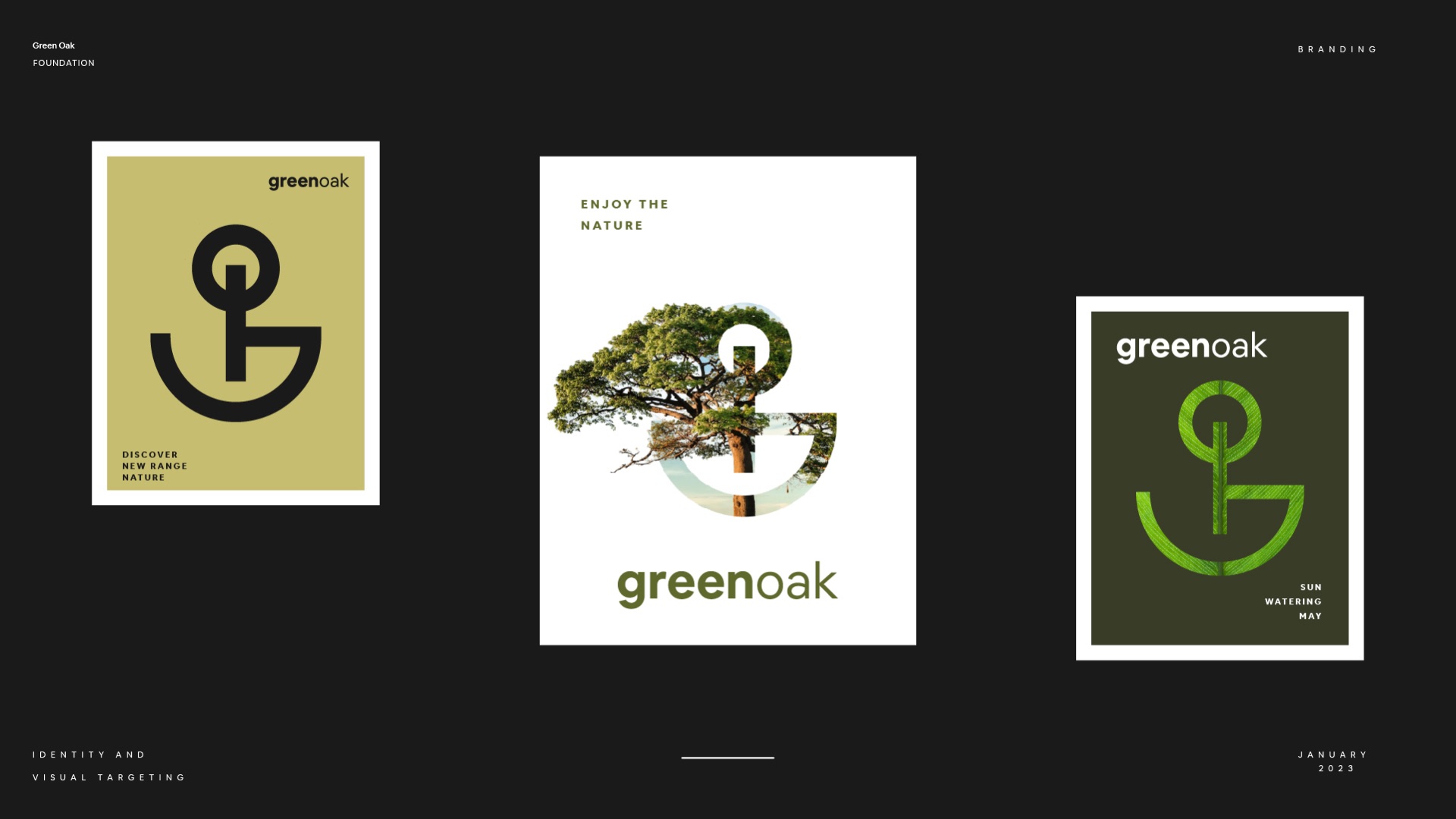 Posters in straw, white and forest green with the symbol and an oak tree