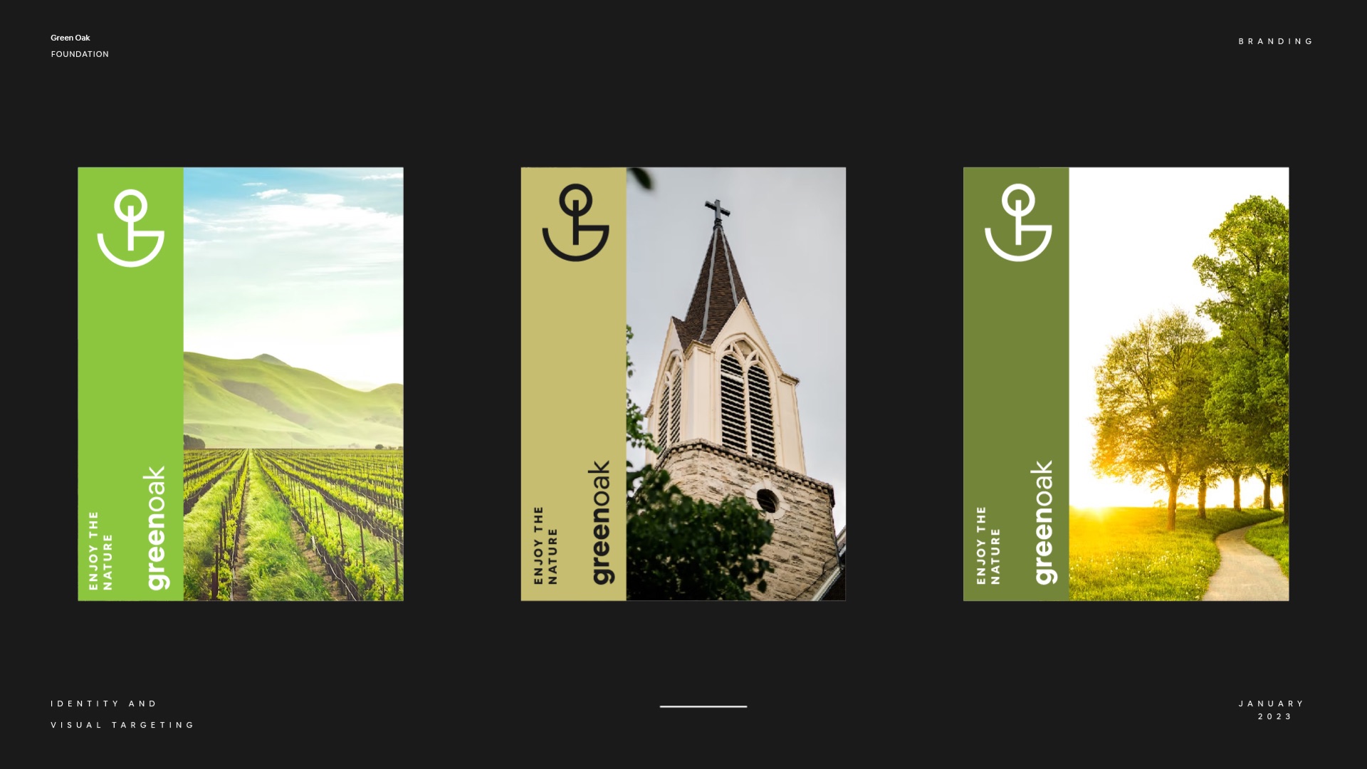 Three tall banners pairing the symbol with fields, a church and a tree lined path