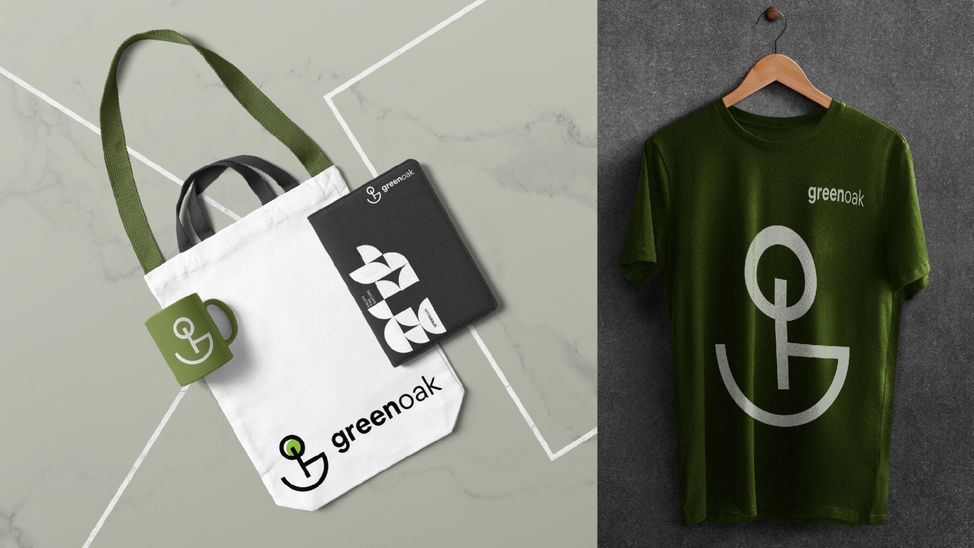 A white tote bag with the logo and an olive T-shirt with a large symbol