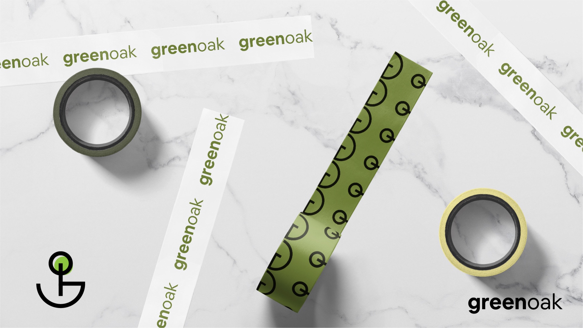 Branded tape and ribbon with the wordmark and symbol pattern on marble