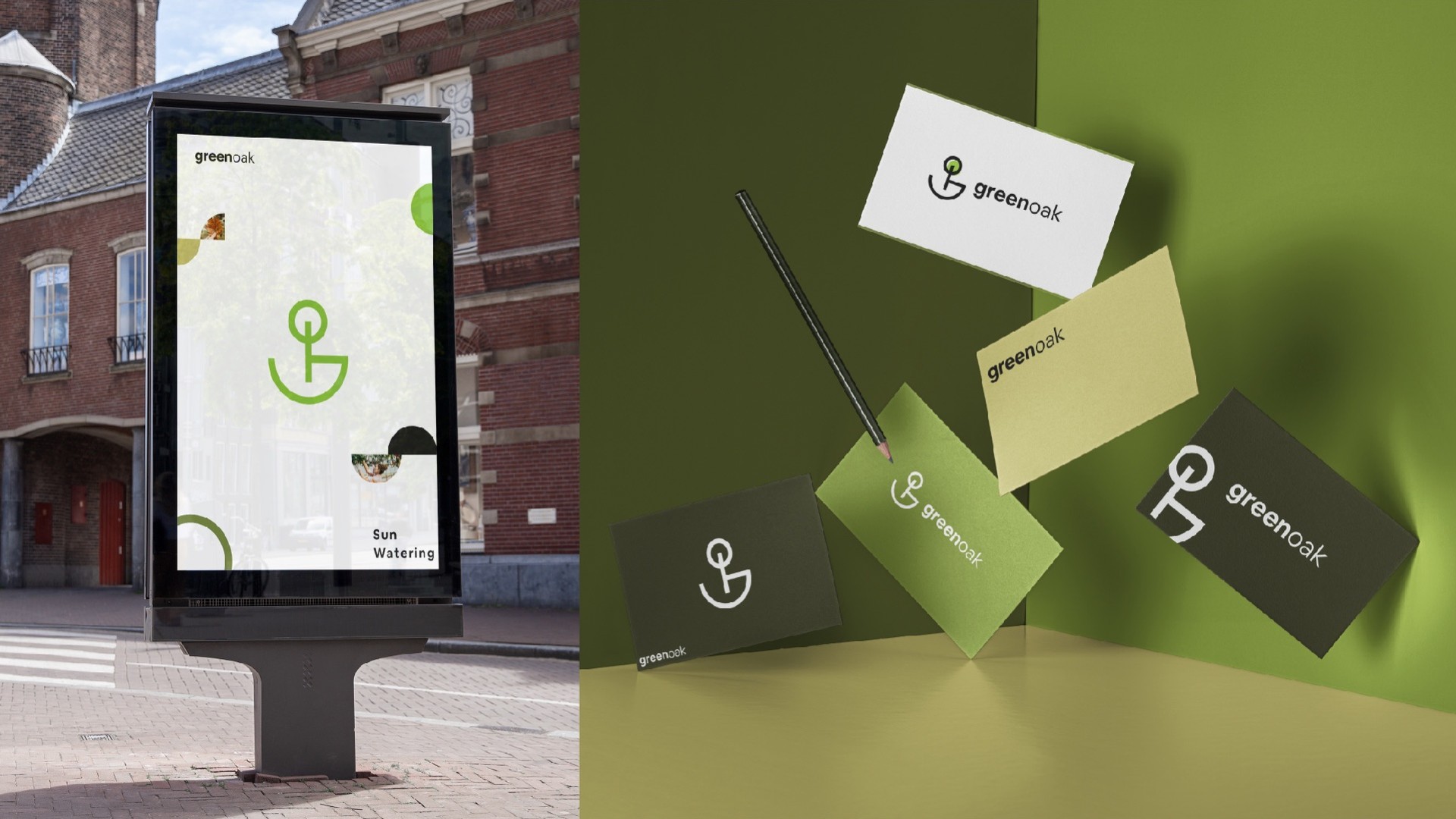 A street sign with the symbol next to floating business cards on green