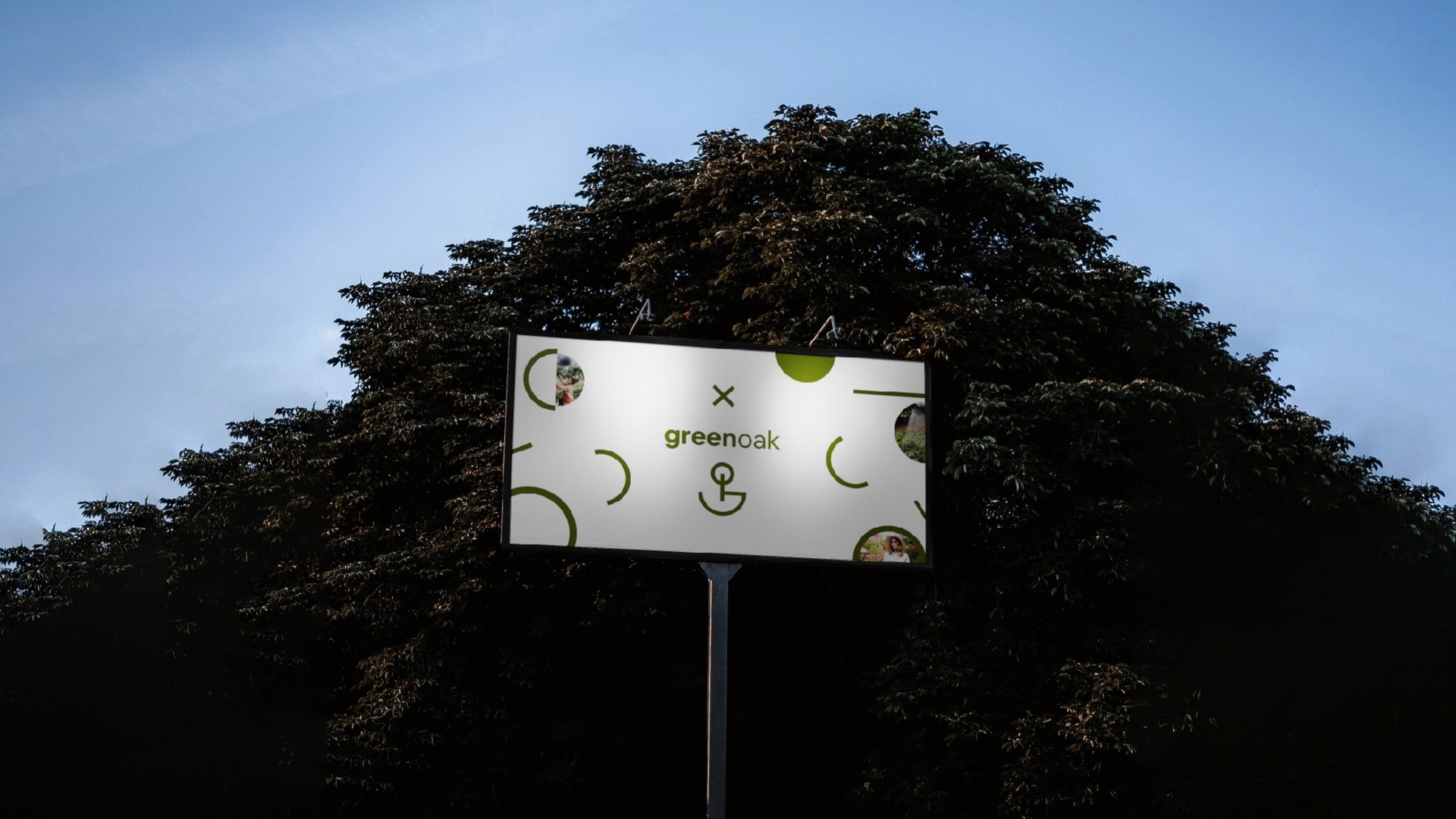 A Green Oak billboard in front of a dark oak canopy at dusk