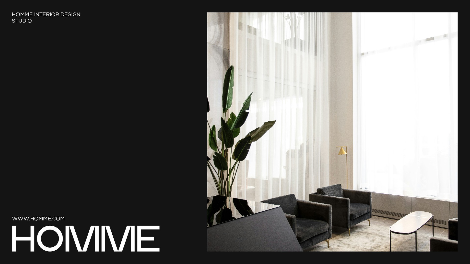 Homme cover page with the wordmark on black next to a bright lounge with velvet armchairs