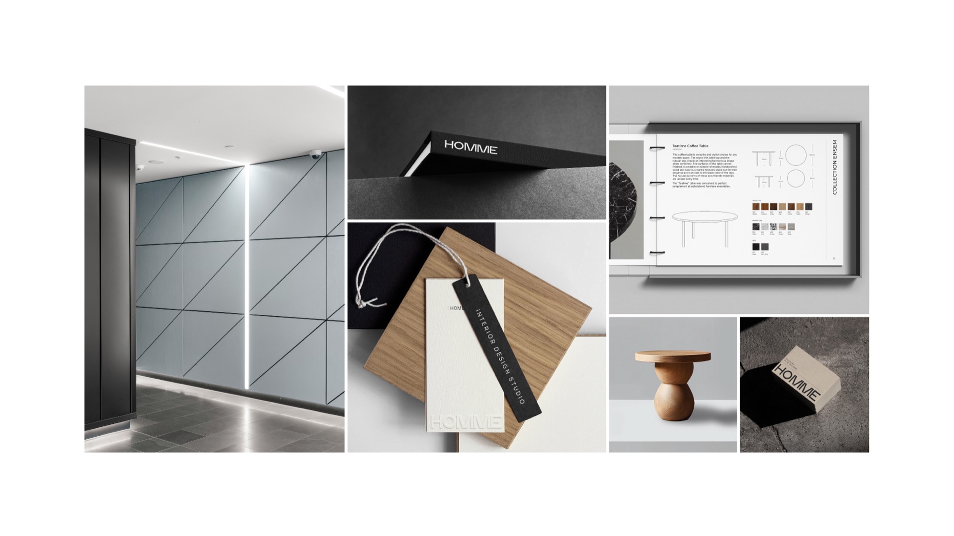 Mood board of a lit grey corridor, a black book, a swatch tag on oak, a stool and a catalogue page