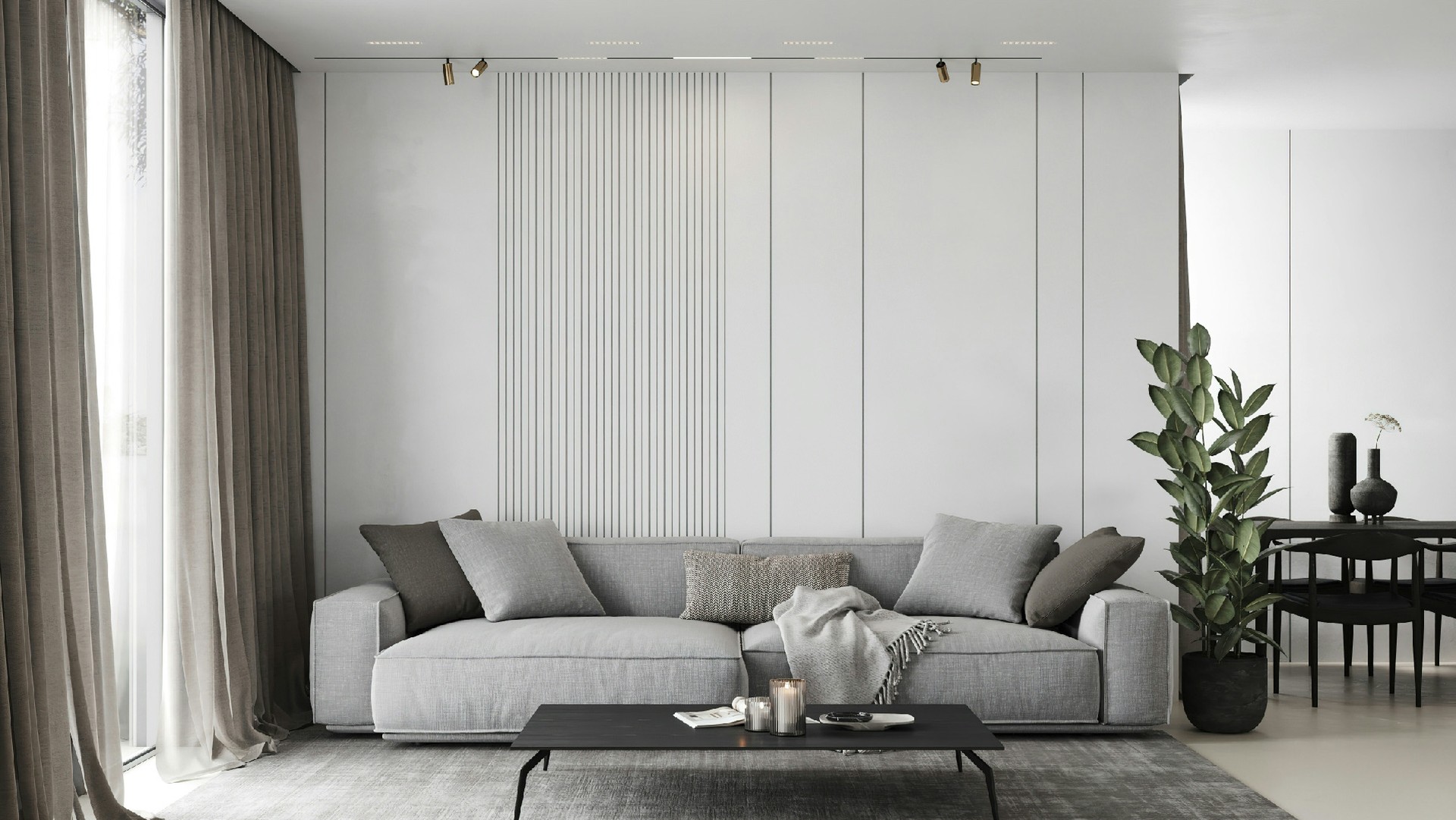 A pale living room with a grey sofa, slatted wall and plants
