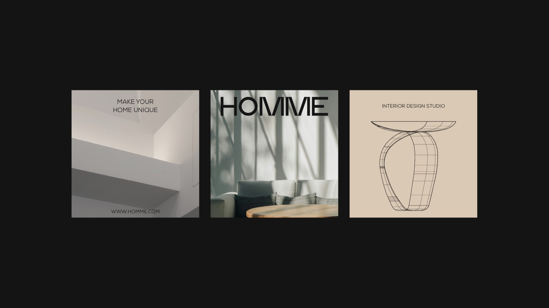 Three social posts: Make your home unique, the wordmark over a room, and a table drawing on dun