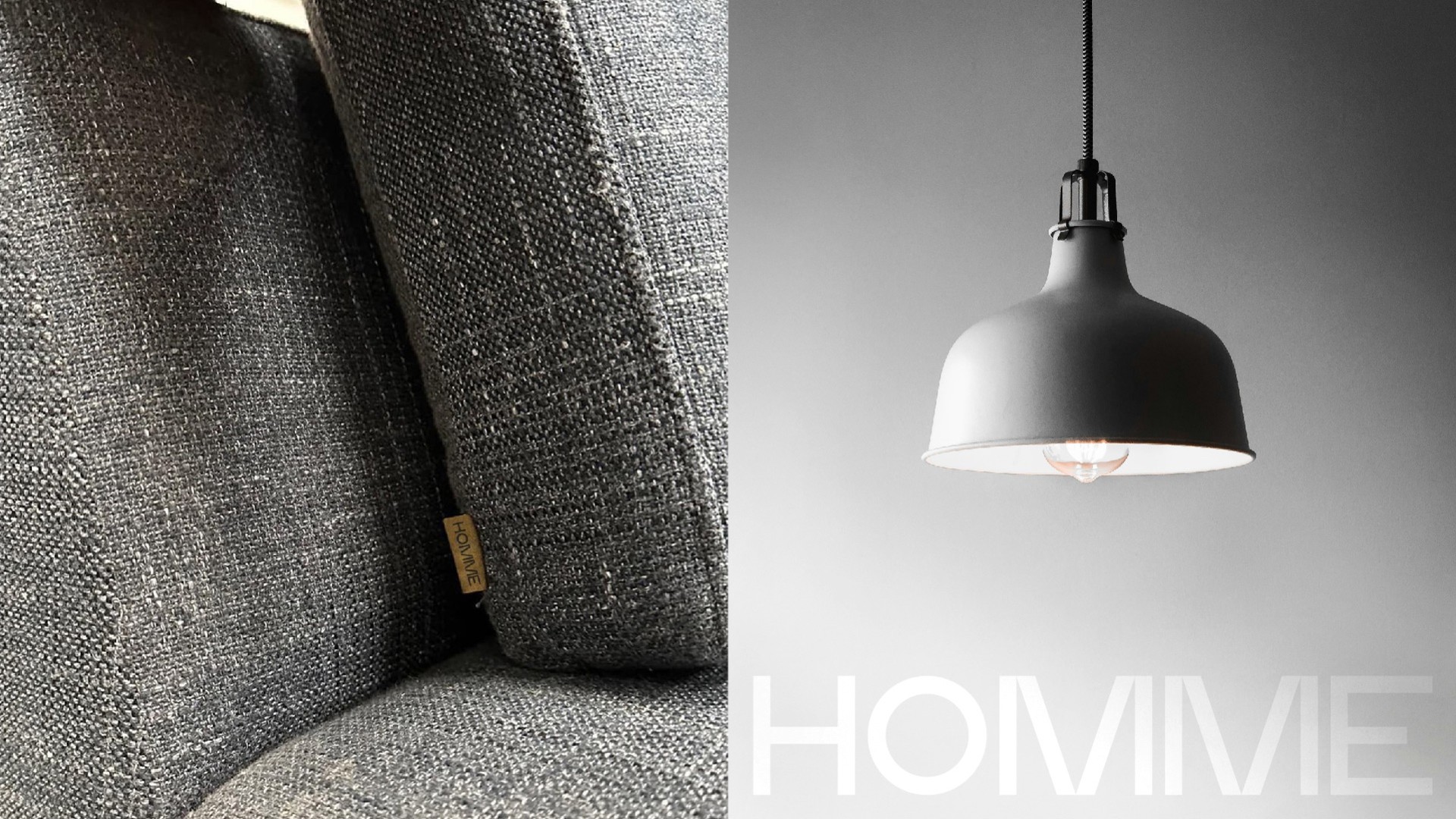 A linen cushion next to a grey pendant lamp over the wordmark