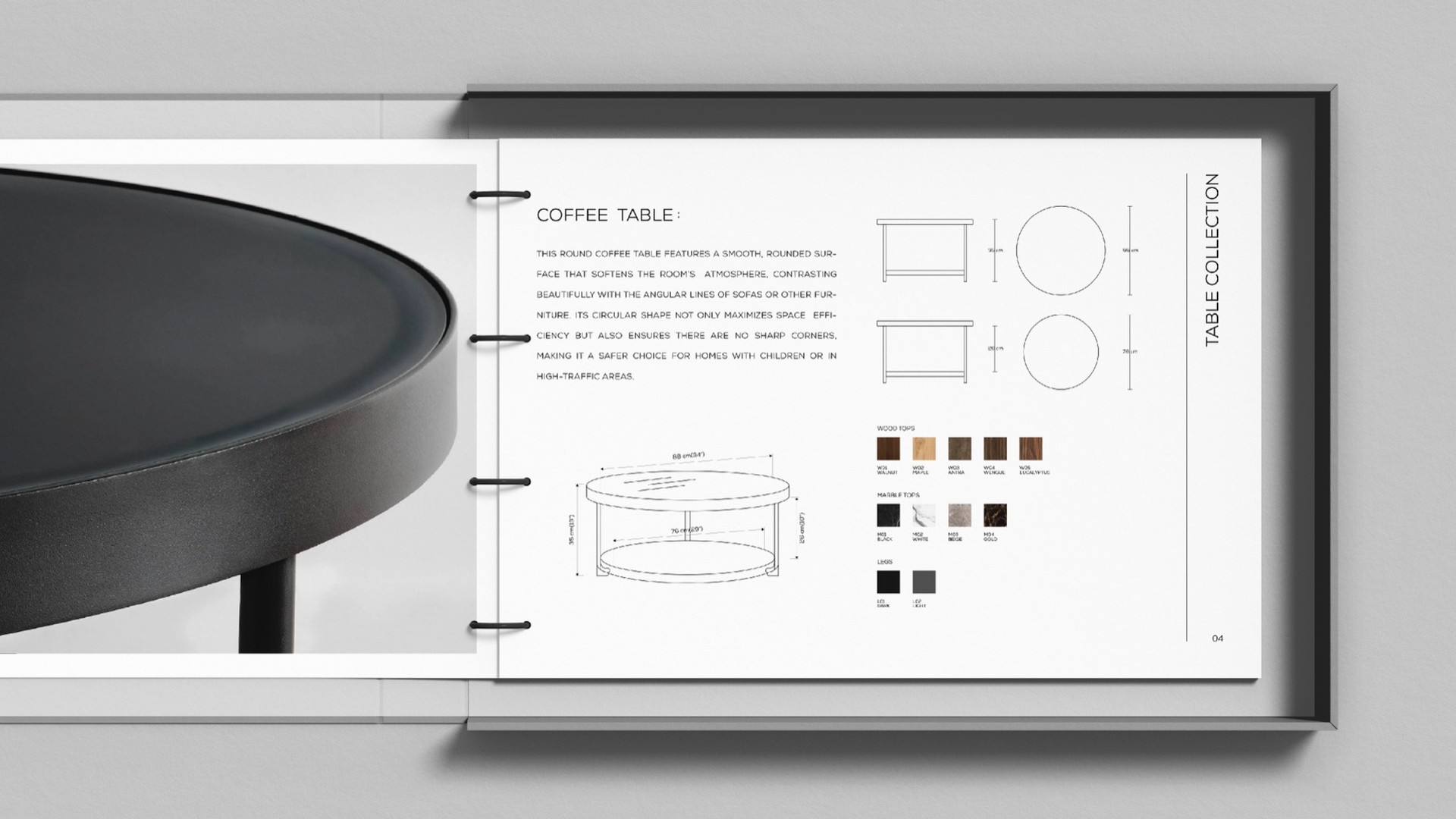 Coffee table catalogue page with technical drawings and finish swatches