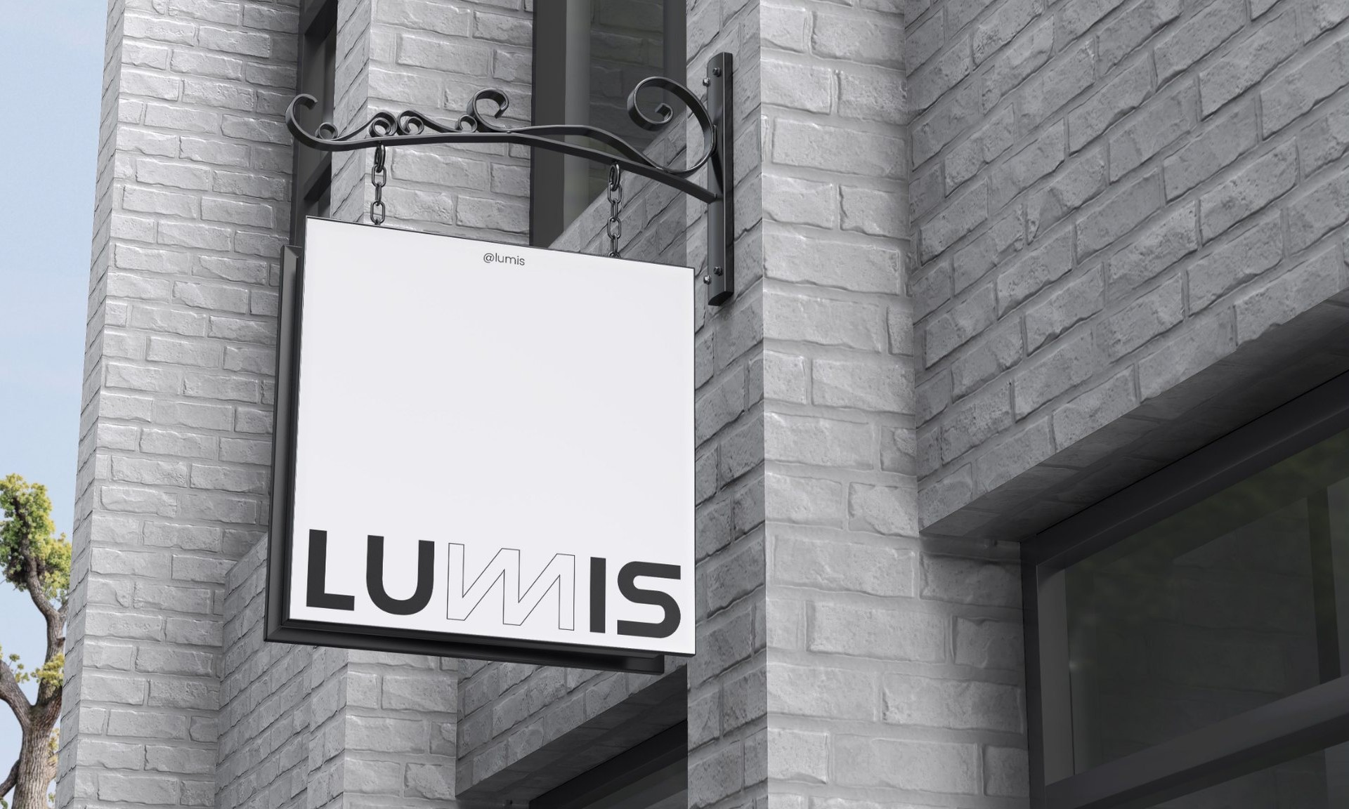A square Lumis sign hanging from an iron bracket on a brick wall