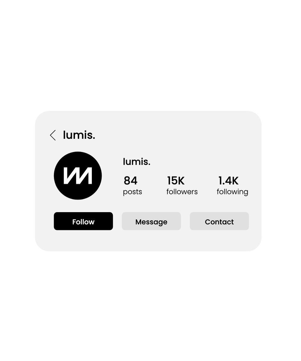 A Lumis social profile card with follow buttons