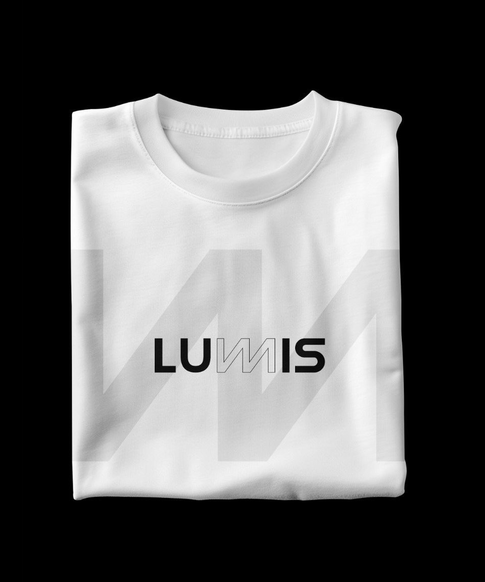 A folded white T-shirt with the Lumis wordmark