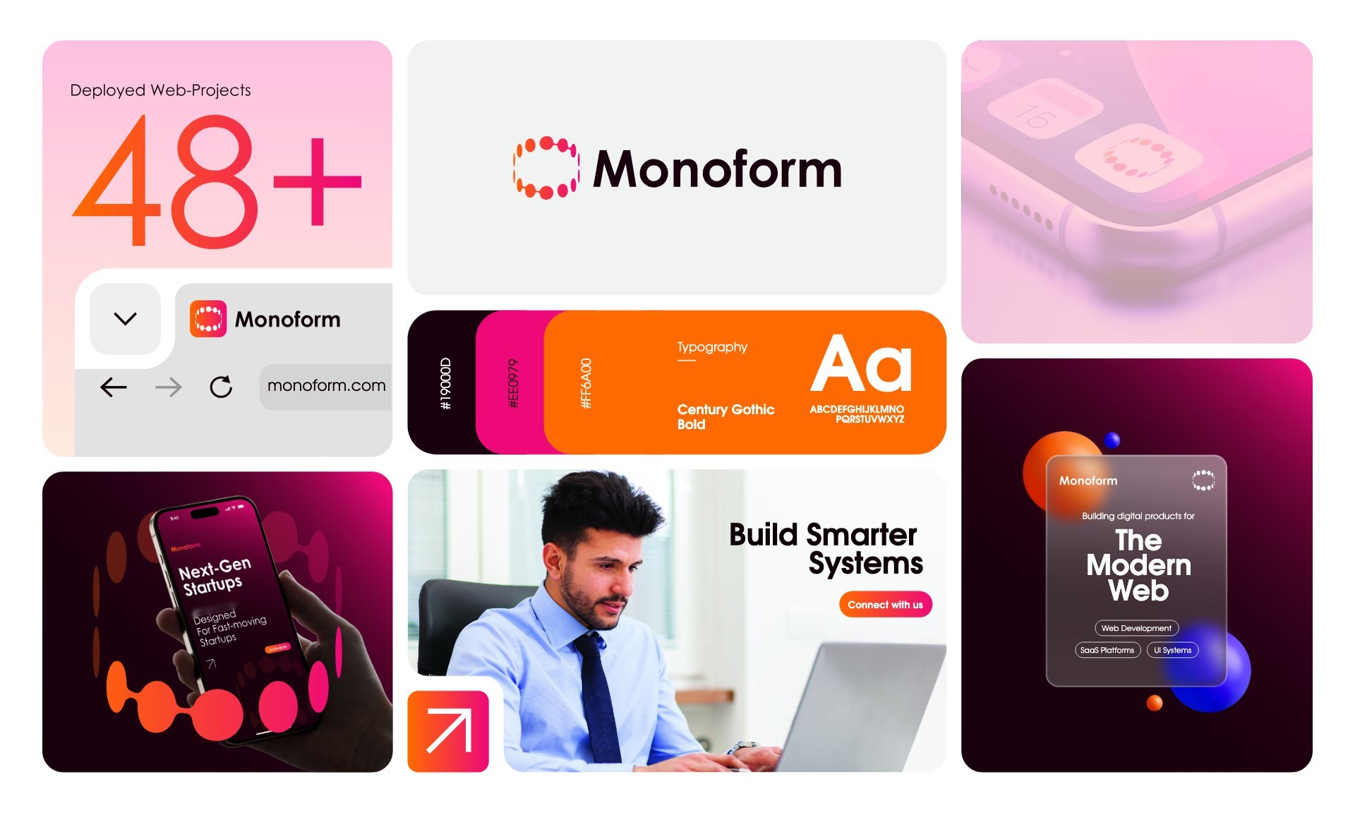 A grid of Monoform brand pieces: stats card, logo, type card, phone and website