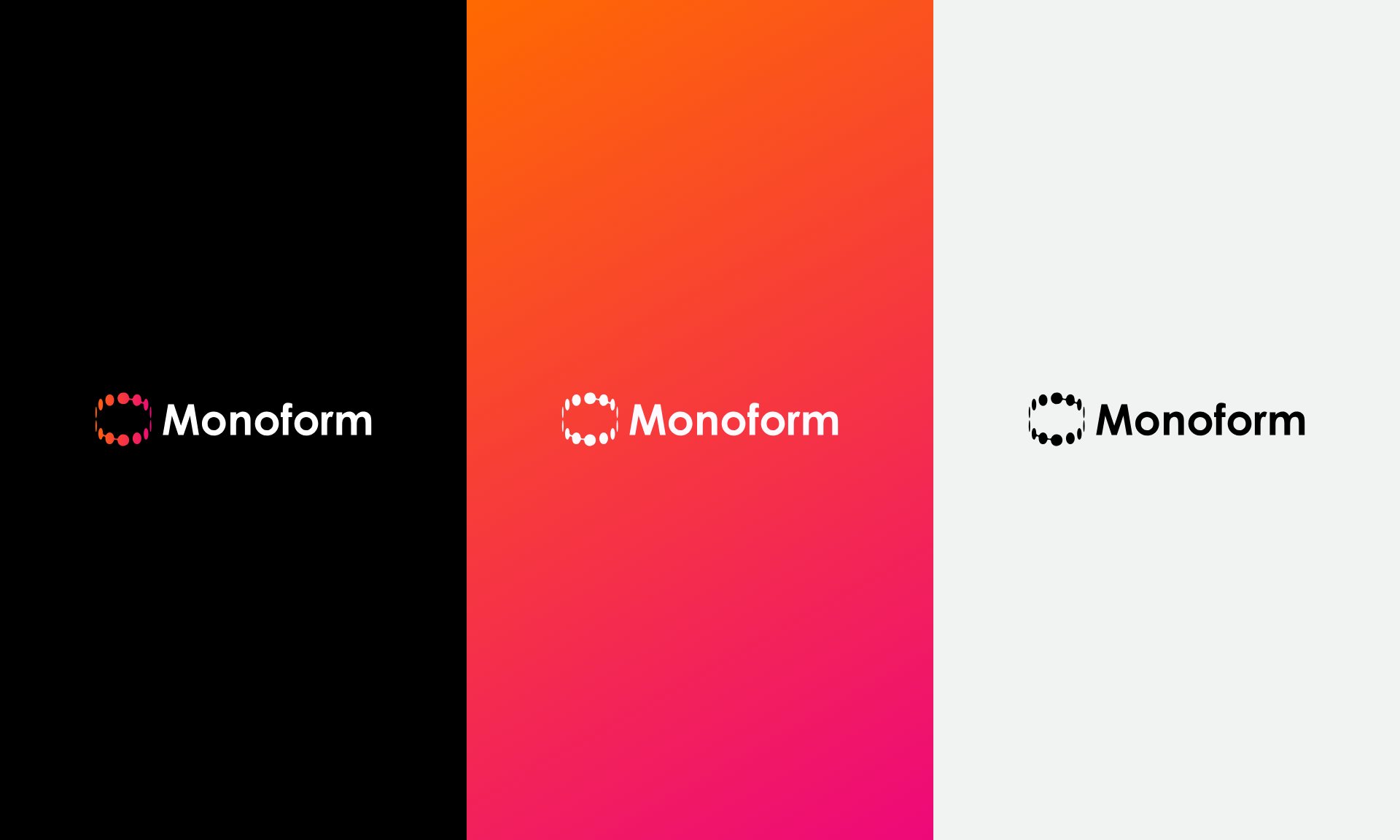The logo on black, on an orange to pink gradient and on light grey