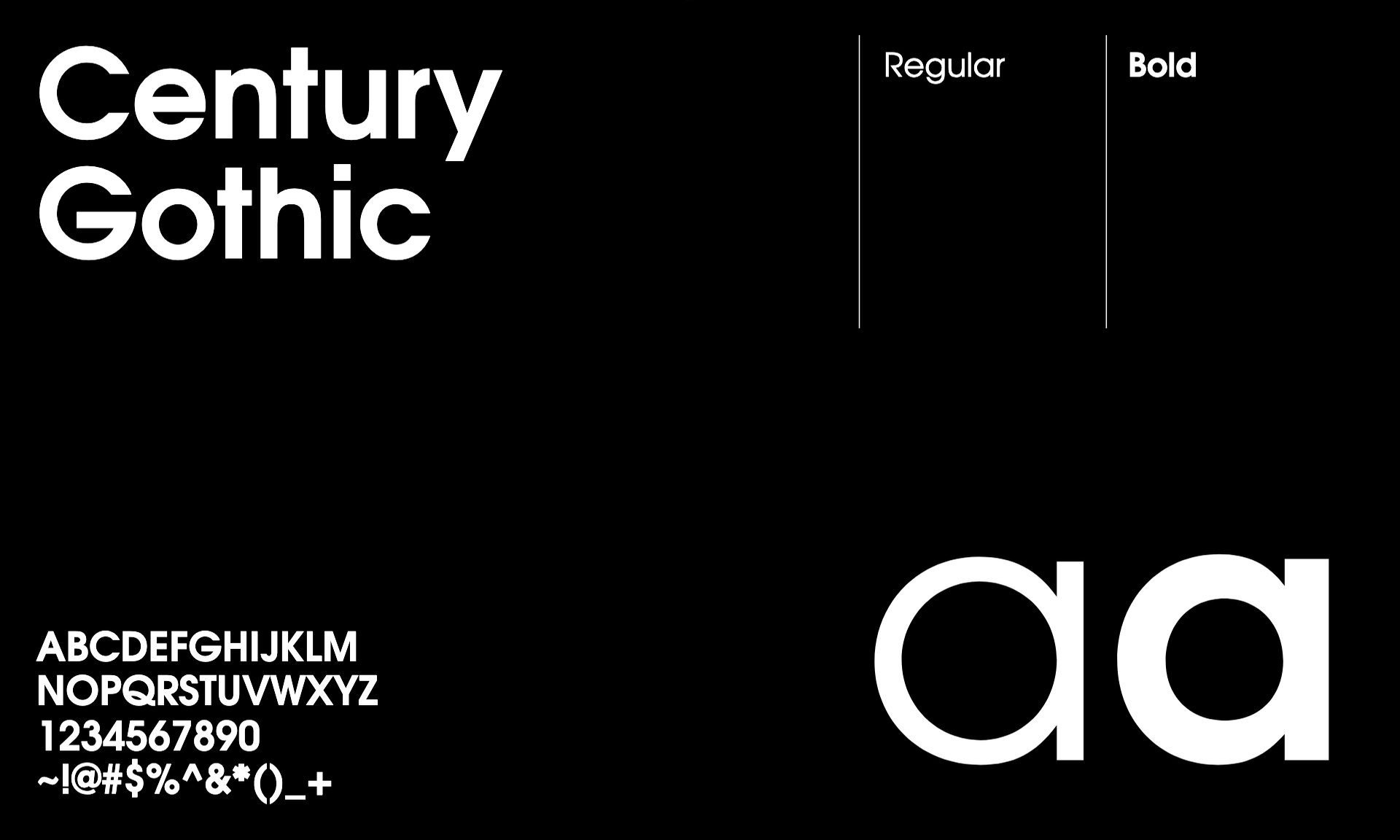 Century Gothic type specimen in regular and bold on black