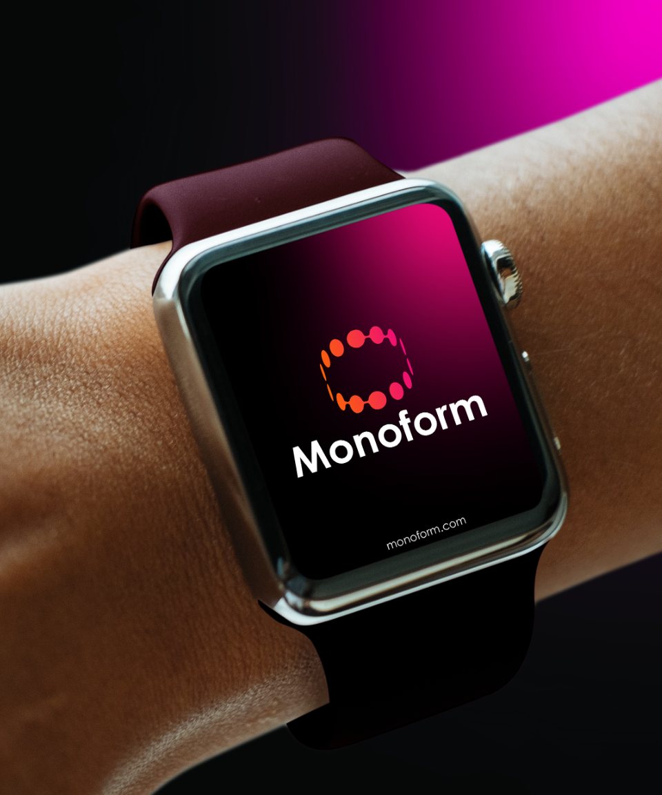 A smartwatch showing the Monoform logo