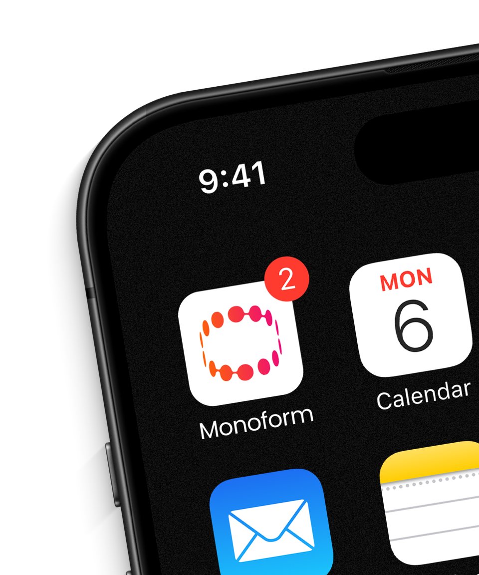 A phone home screen with the Monoform app icon
