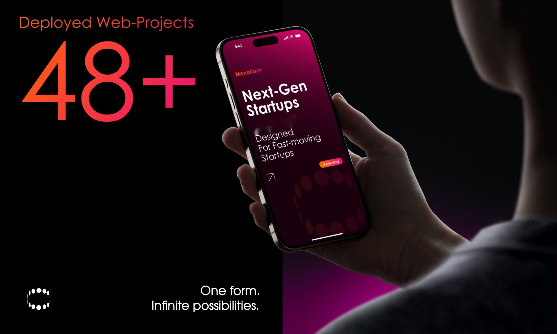 A hand holding a phone next to the line 48 plus deployed web projects