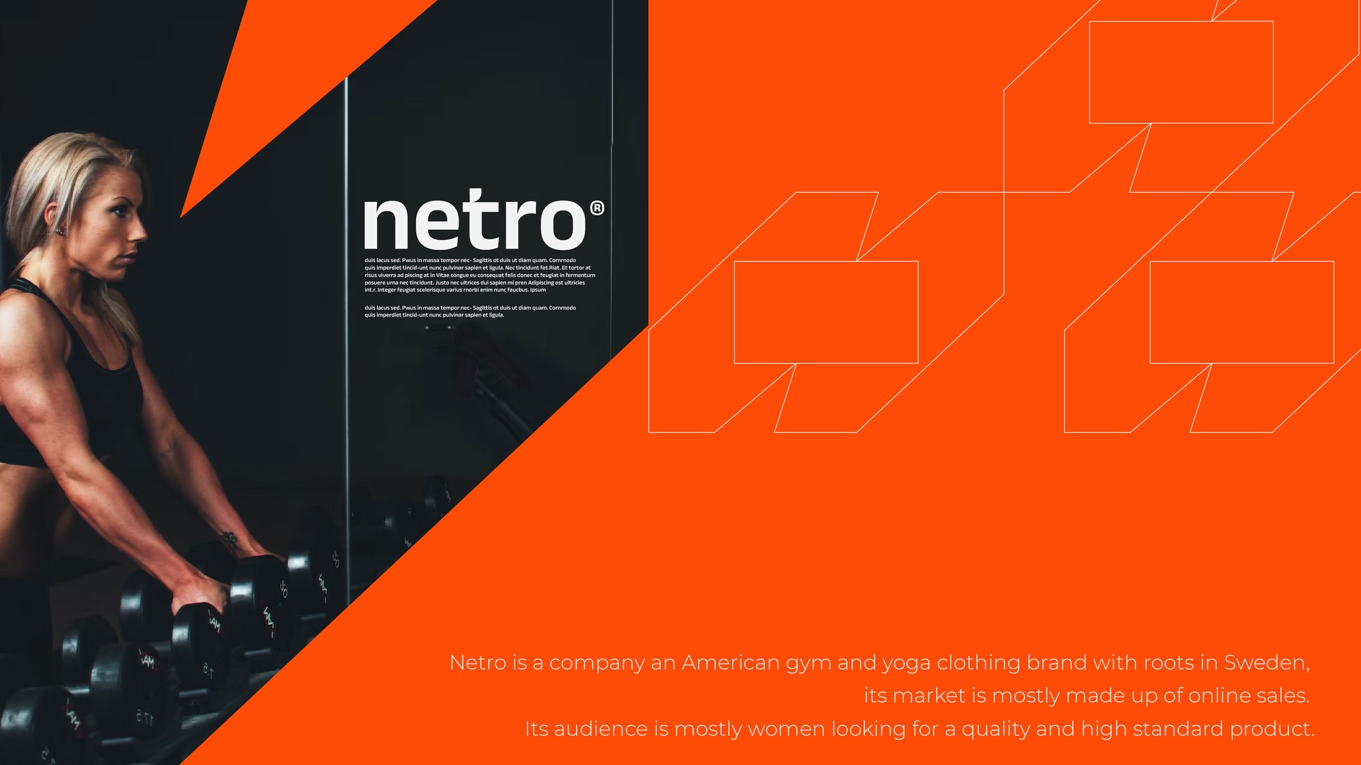 A woman lifting dumbbells beside the Netro wordmark and an orange diagonal