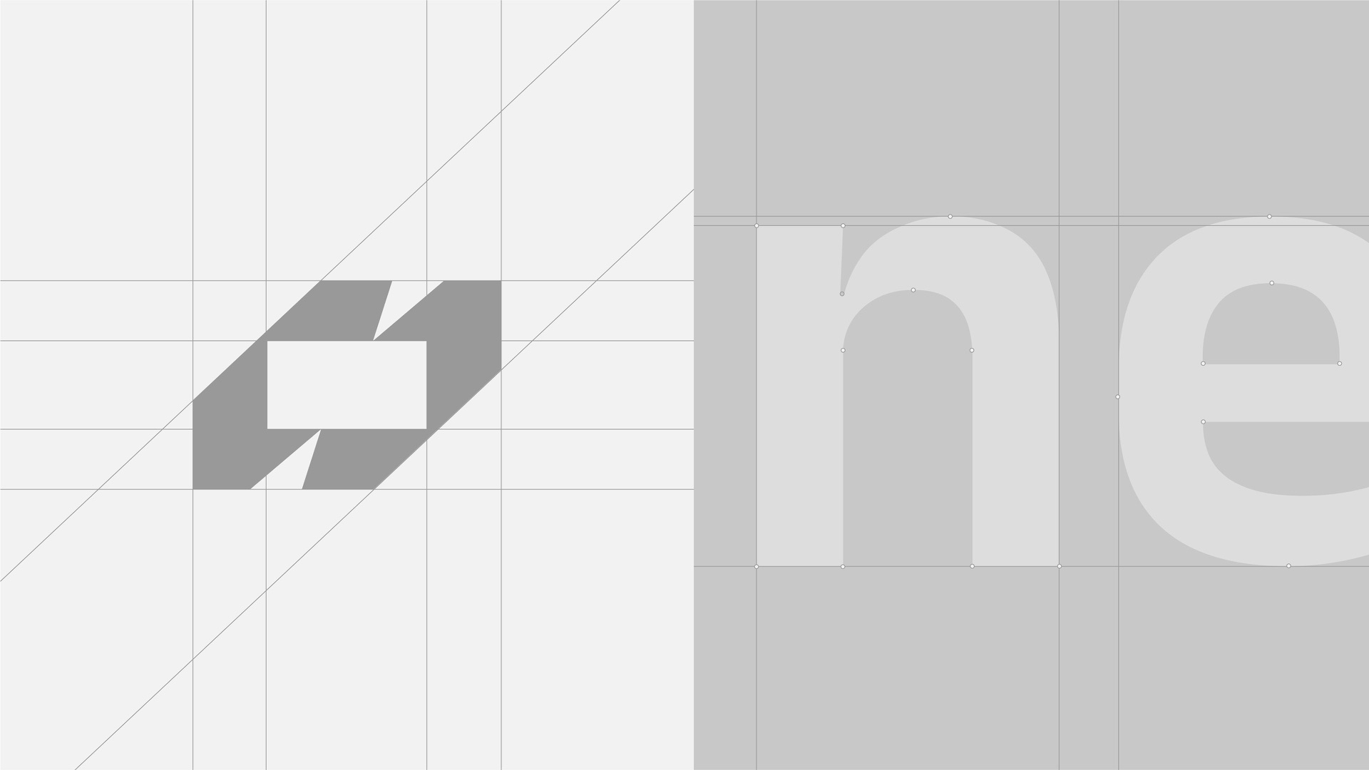 The symbol on its construction grid next to a large crop of the wordmark