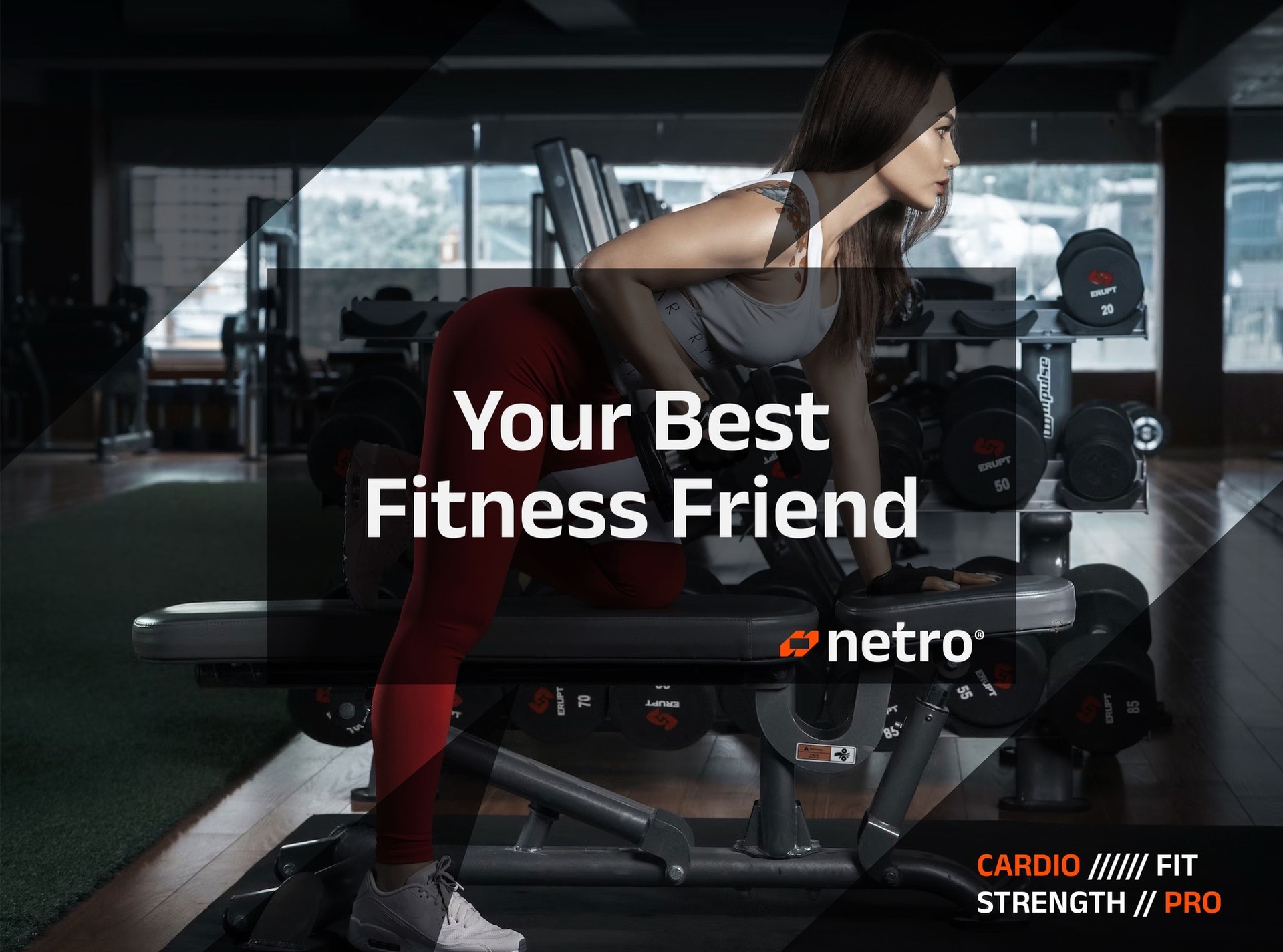 A woman training on a bench with the line Your best fitness friend