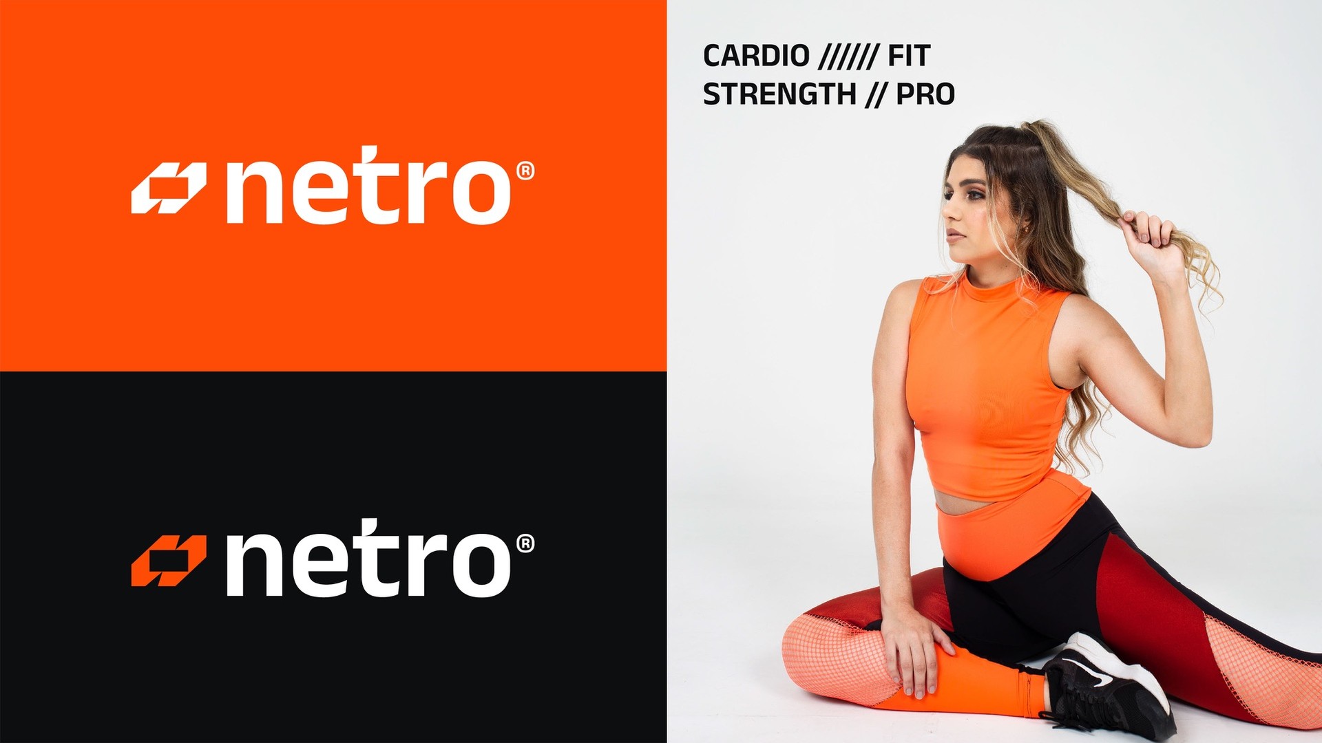 Logo on orange and black next to a woman in orange training wear