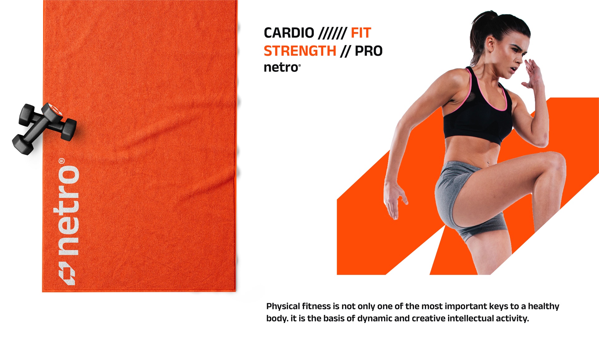 An orange towel with the wordmark and dumbbells beside an athlete poster