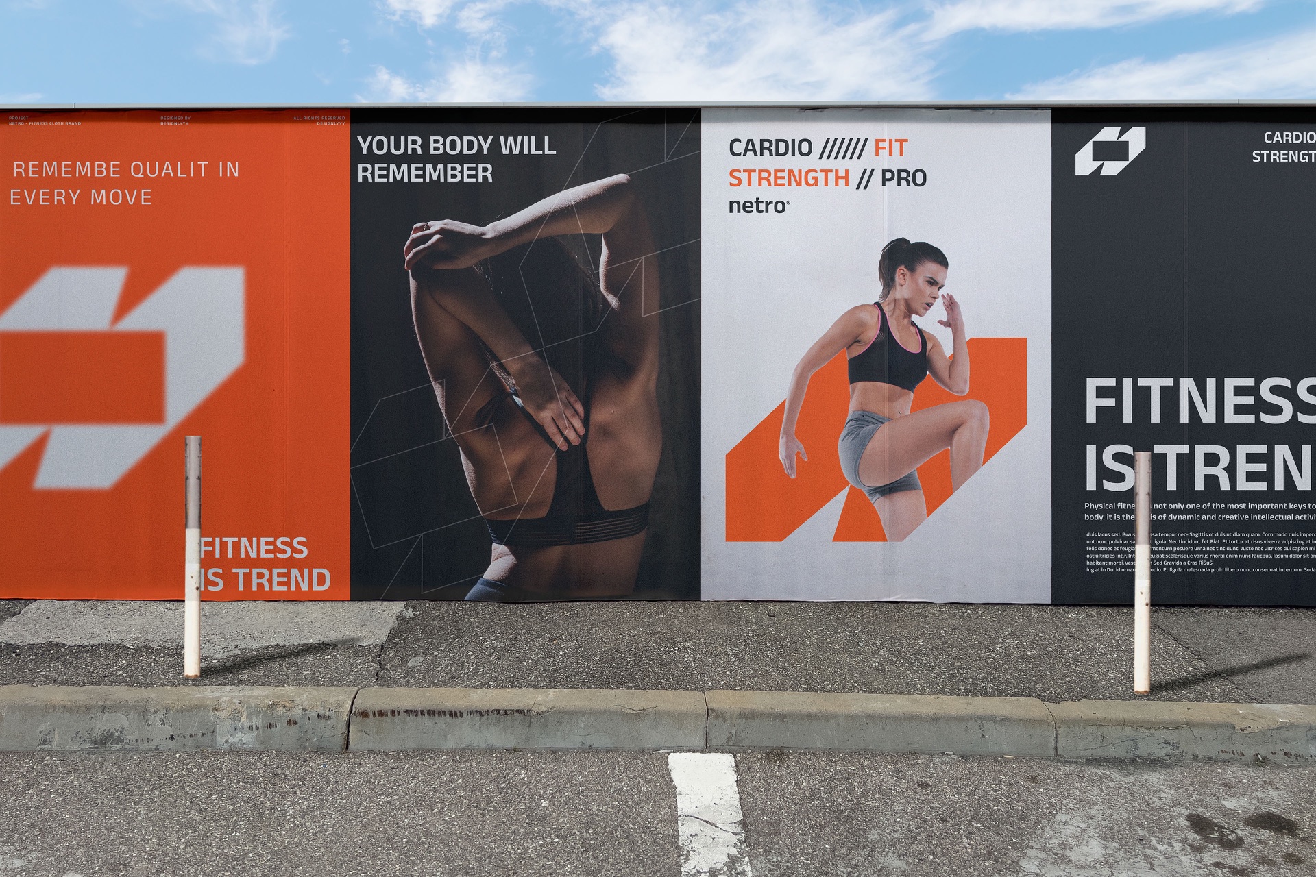 A wall of Netro posters in orange, black and white with the lines Fitness is trend and Your body will remember