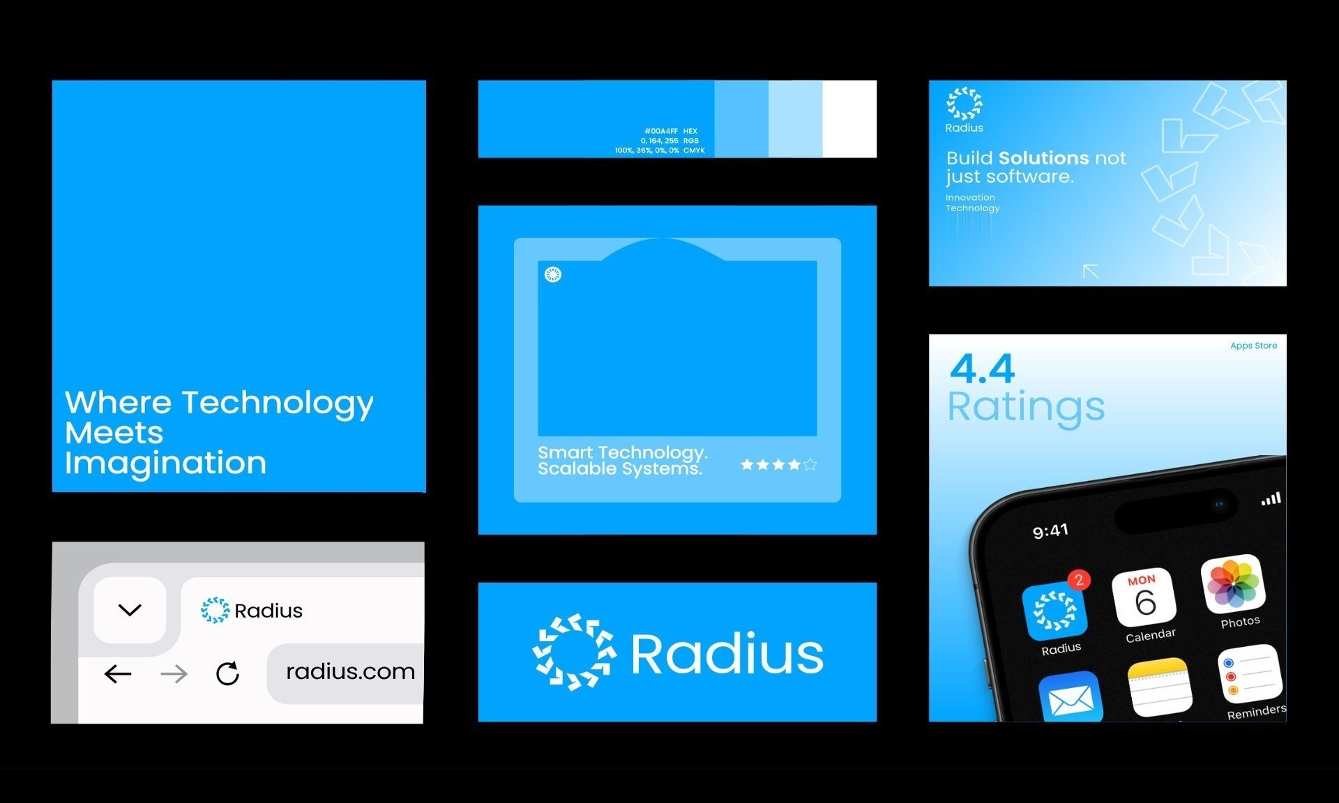 A board of Radius pieces: poster, browser bar, card, logo tile and phone