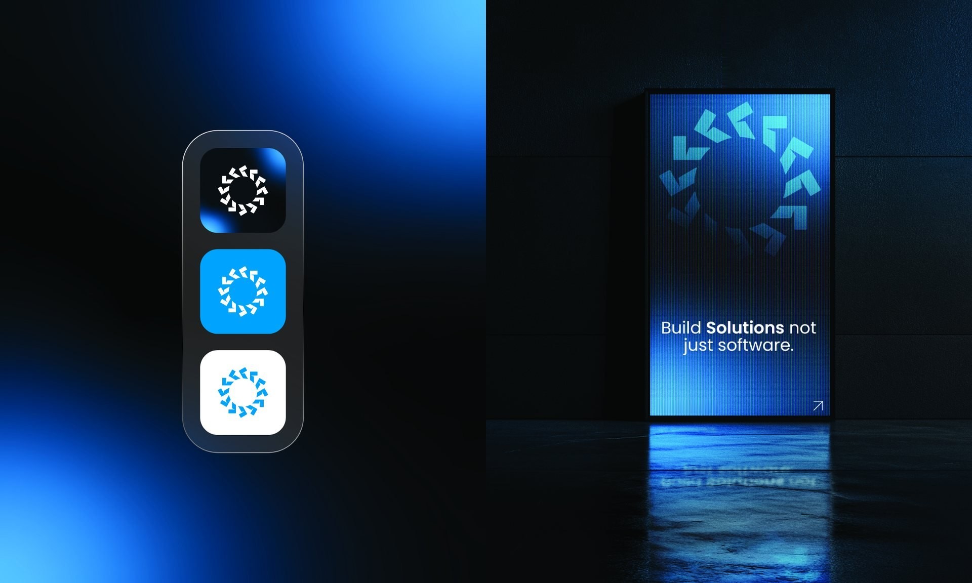 Three app icons next to a tall digital sign reading Build solutions not just software